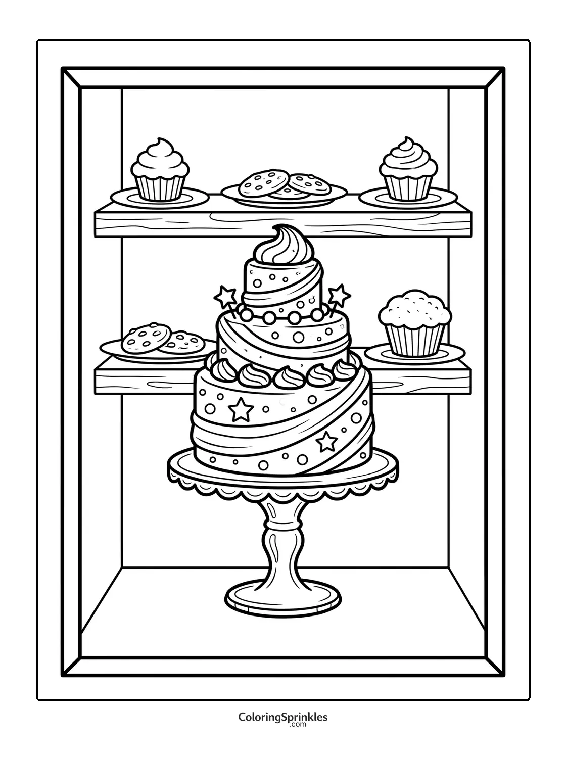 Coloring page of a decorated cake on a stand with cupcakes and cookies on shelves