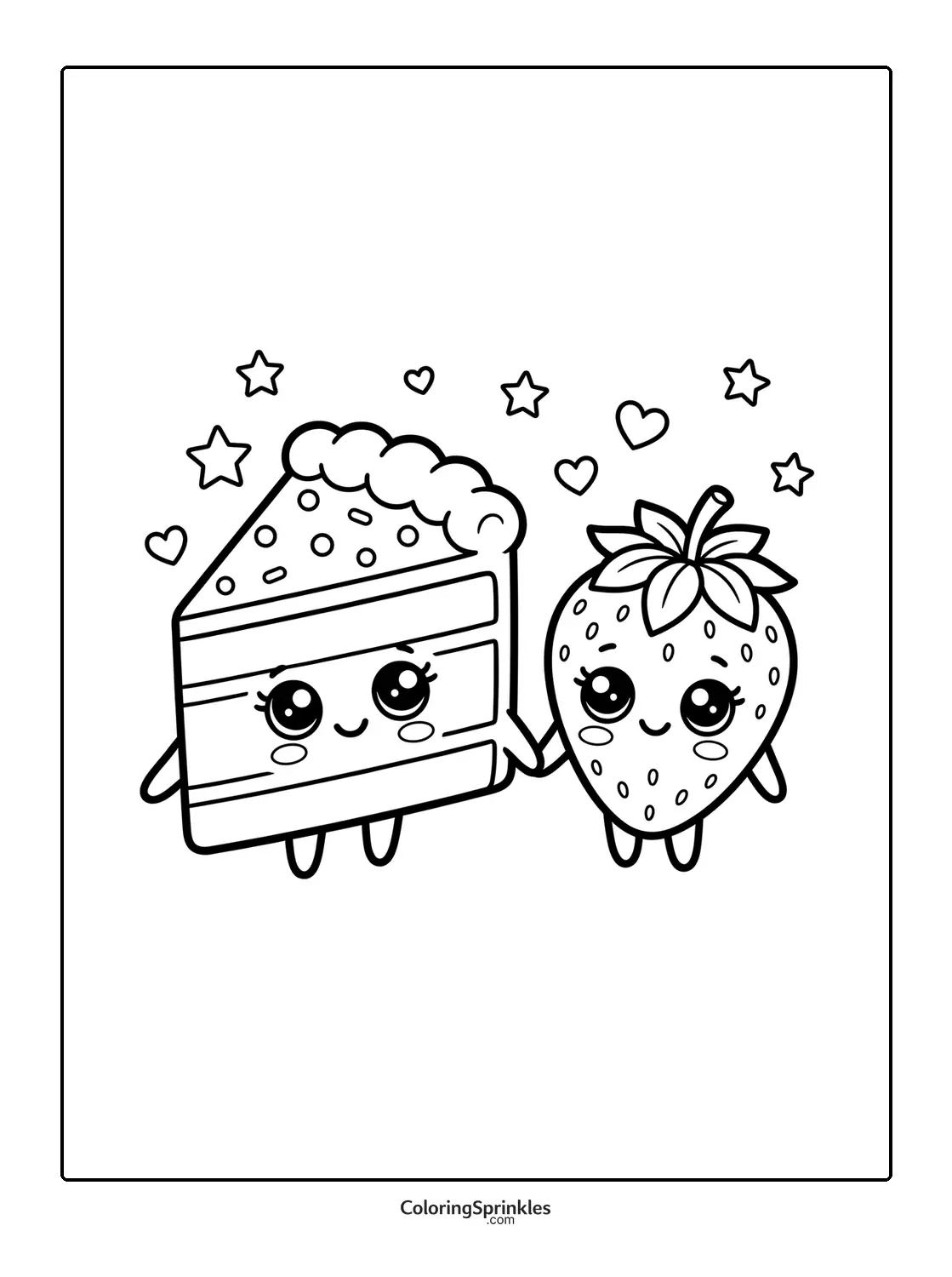 Coloring page of a cute cake slice and strawberry holding hands with stars and hearts