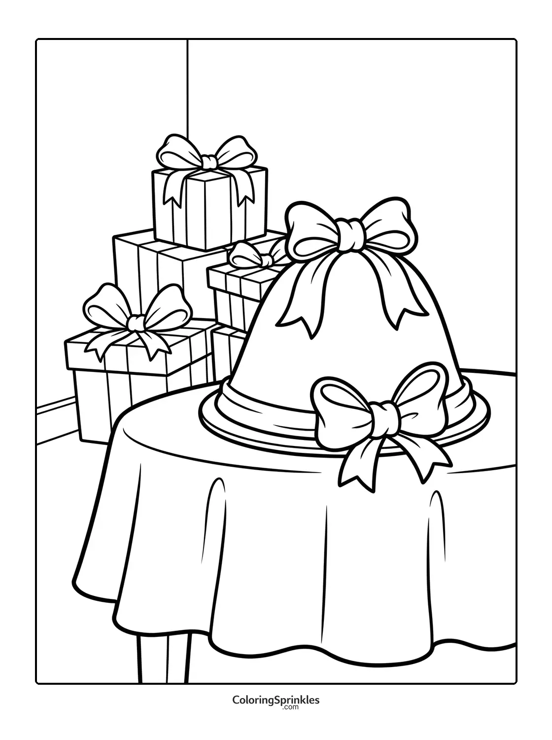 Coloring page of a cake with bows on a table next to stacked presents
