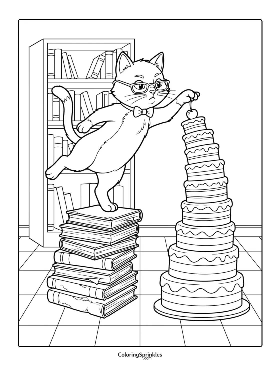 Coloring page of a cat wearing glasses standing on books placing a cherry on a tall cake