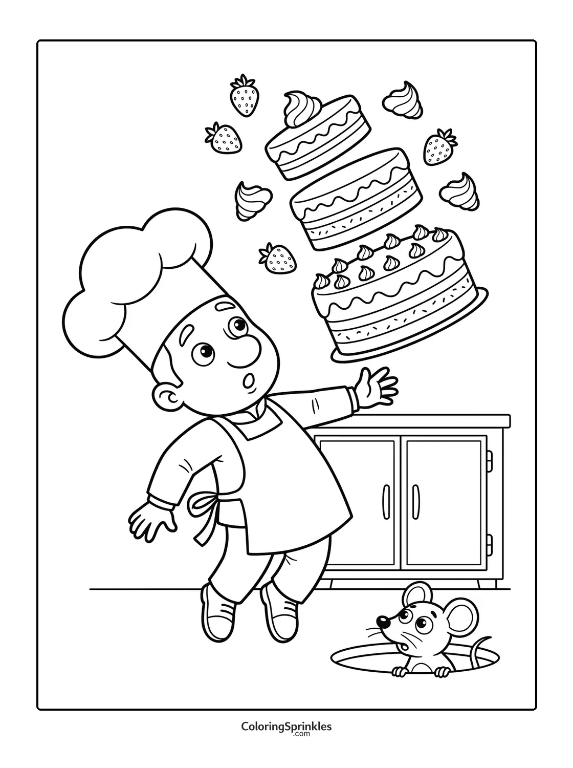Coloring page of a chef with a falling cake and a mouse in the kitchen