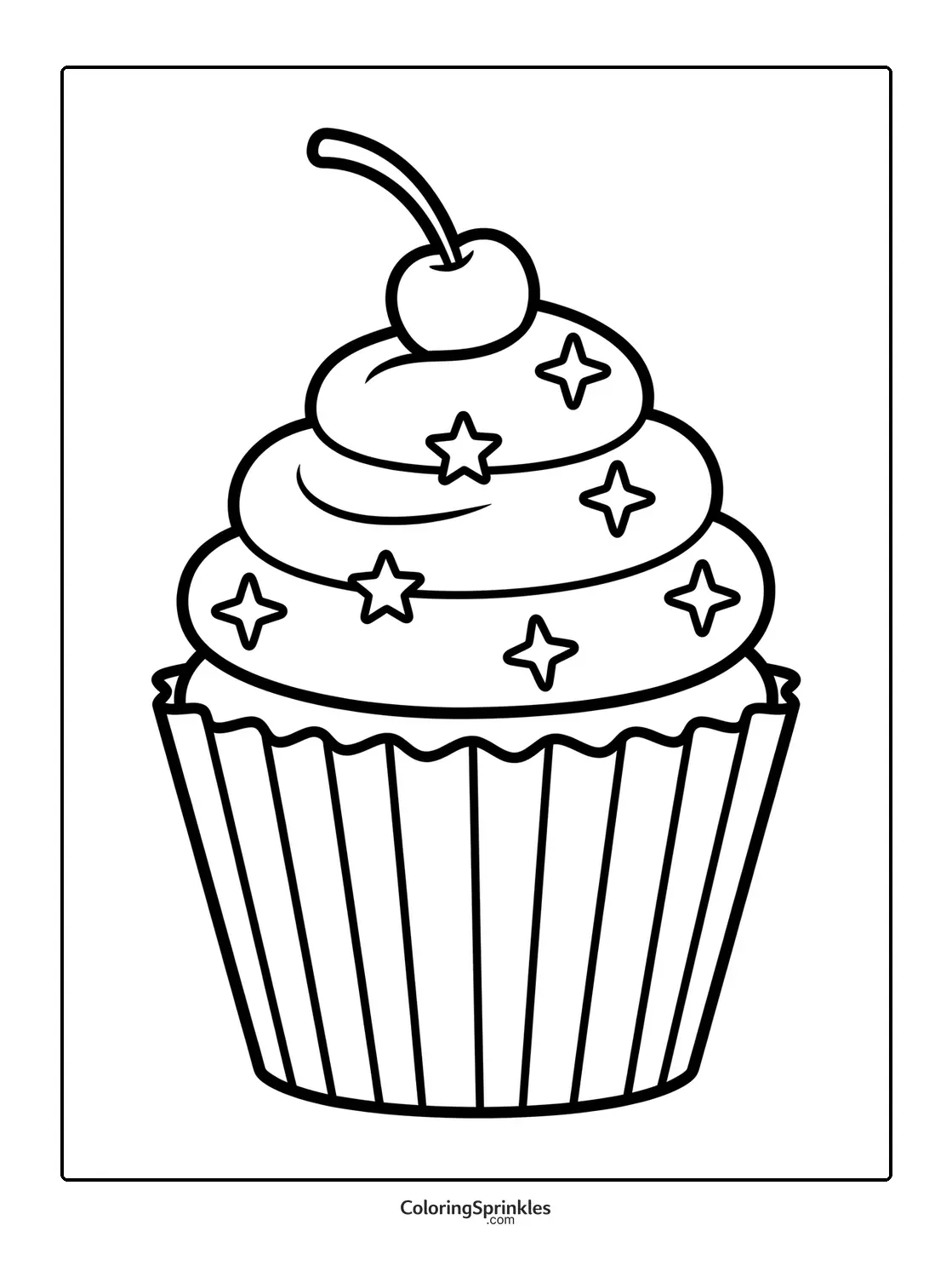 Coloring page of a cupcake with frosting, star sprinkles, and a cherry on top