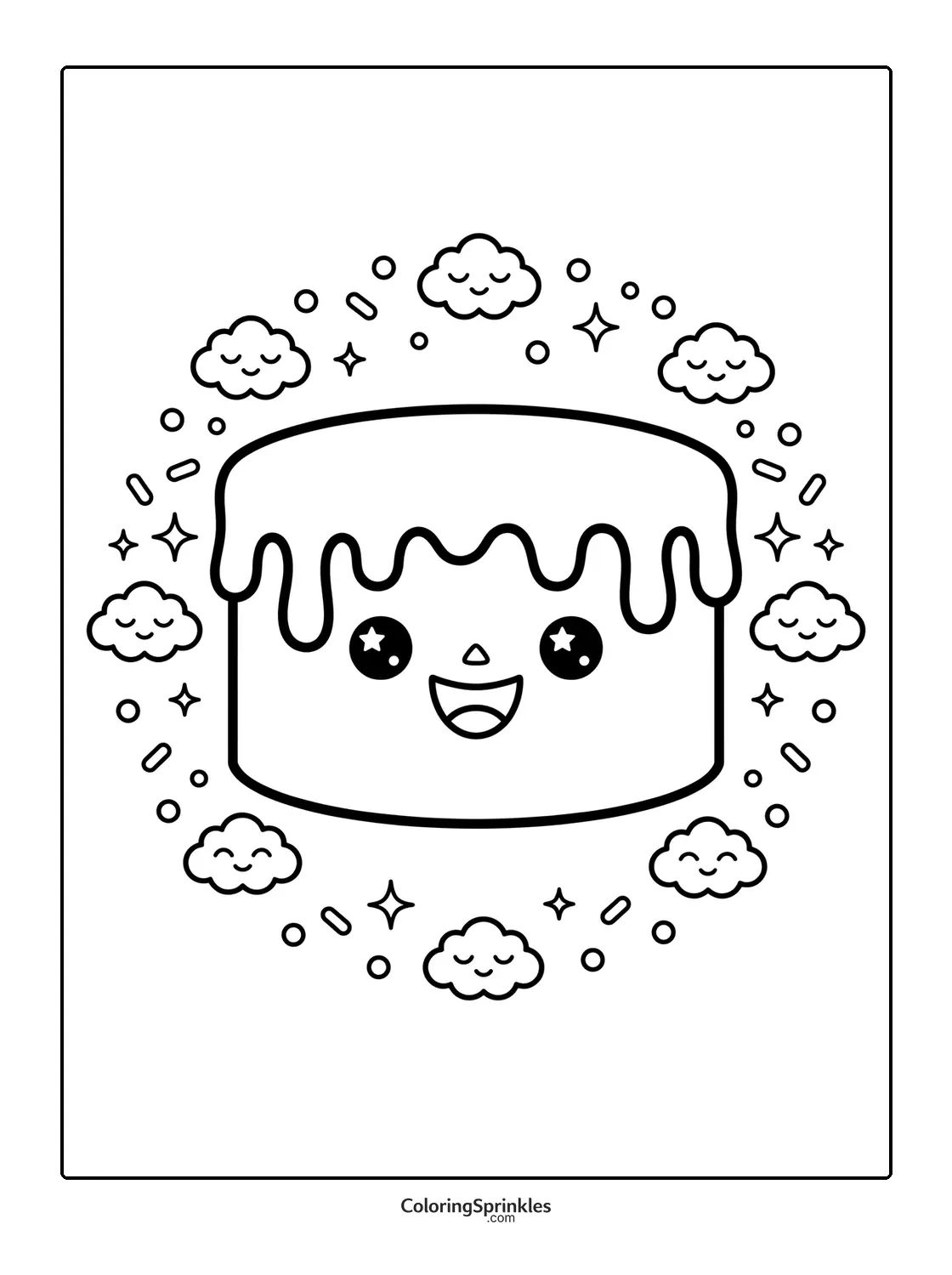 Coloring page of a cute smiling cake with clouds and sprinkles