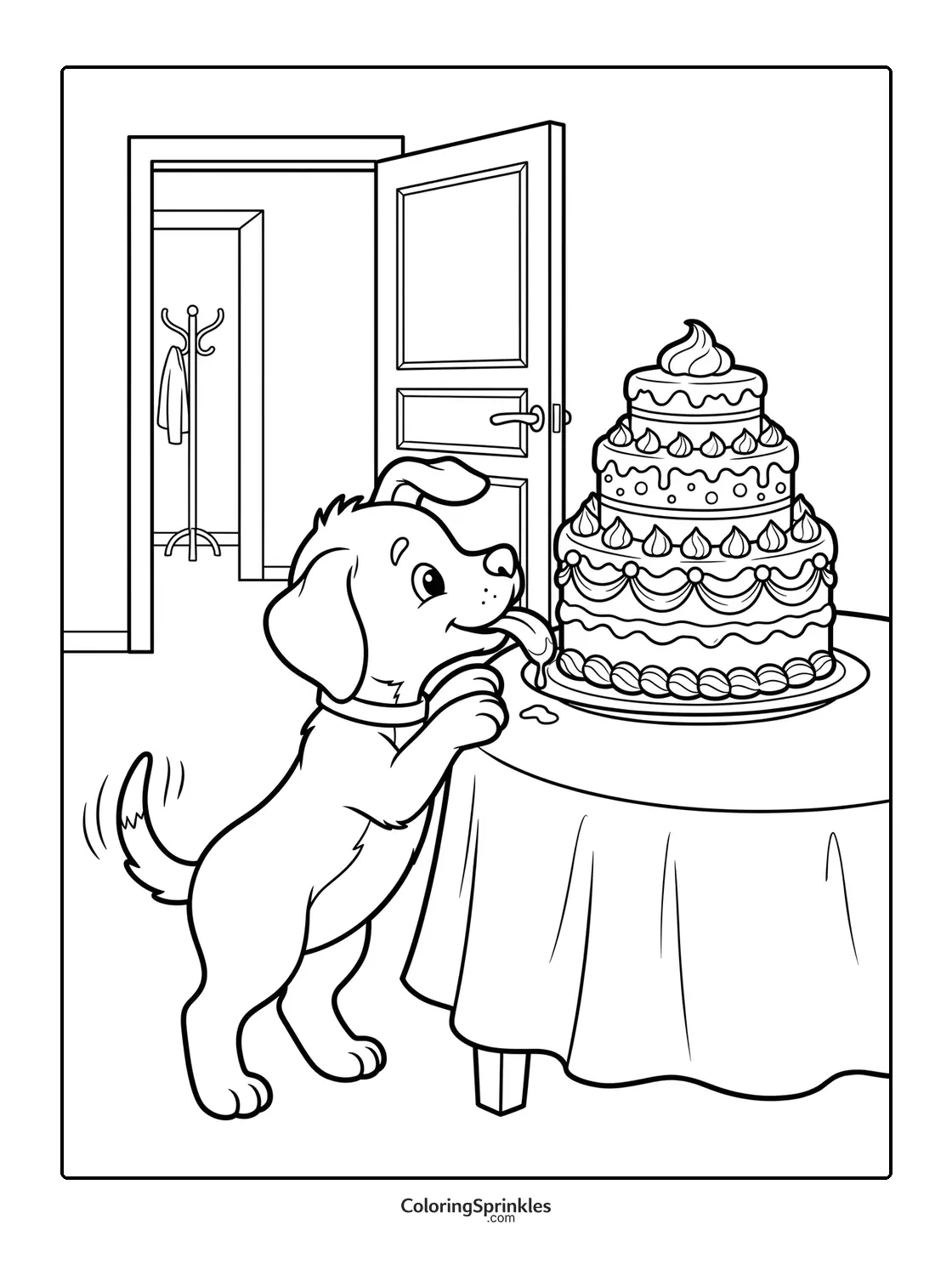 Coloring page of a dog licking a cake on a table indoors