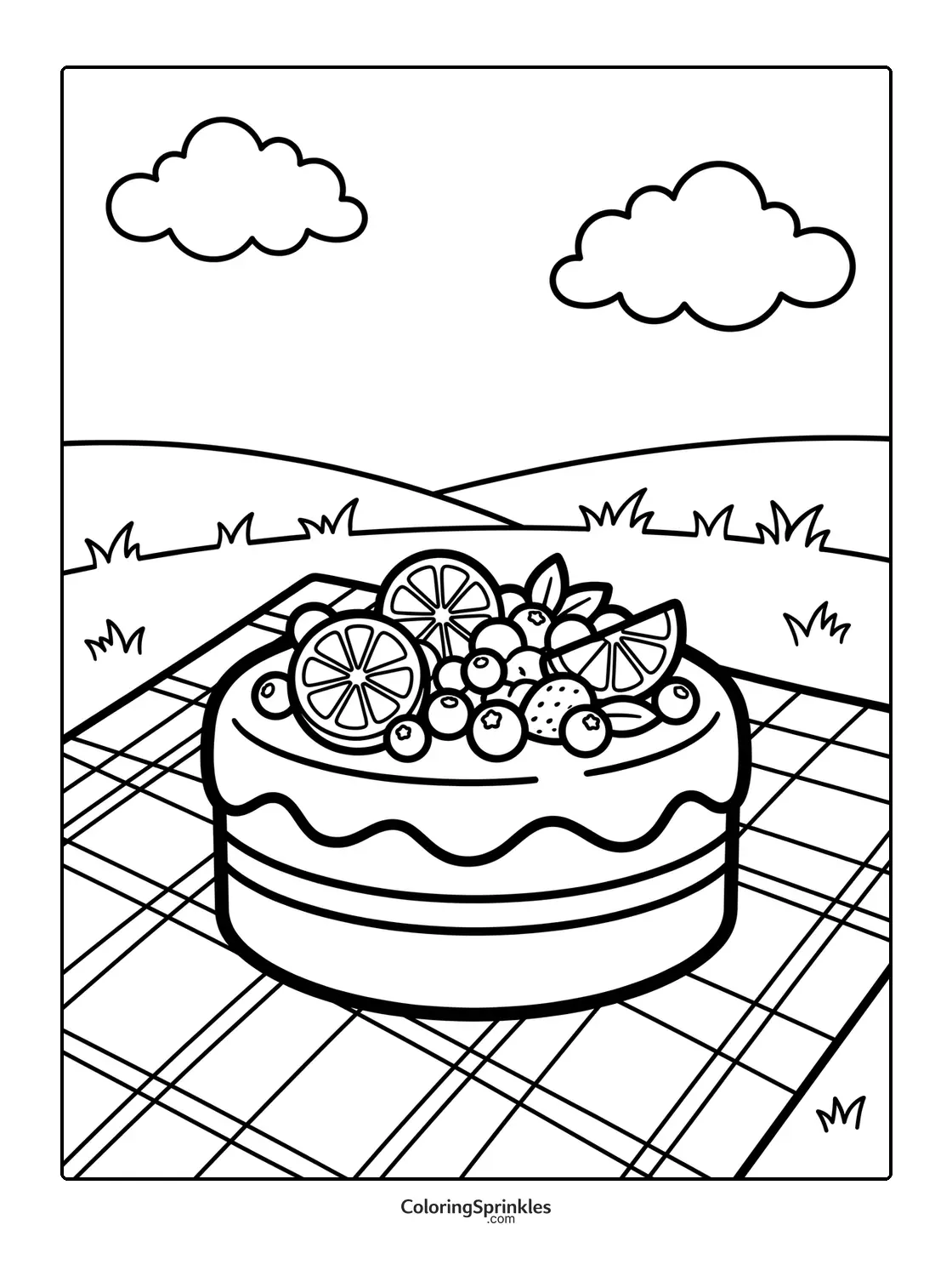 Coloring page of a fruit cake on a picnic blanket with hills and clouds