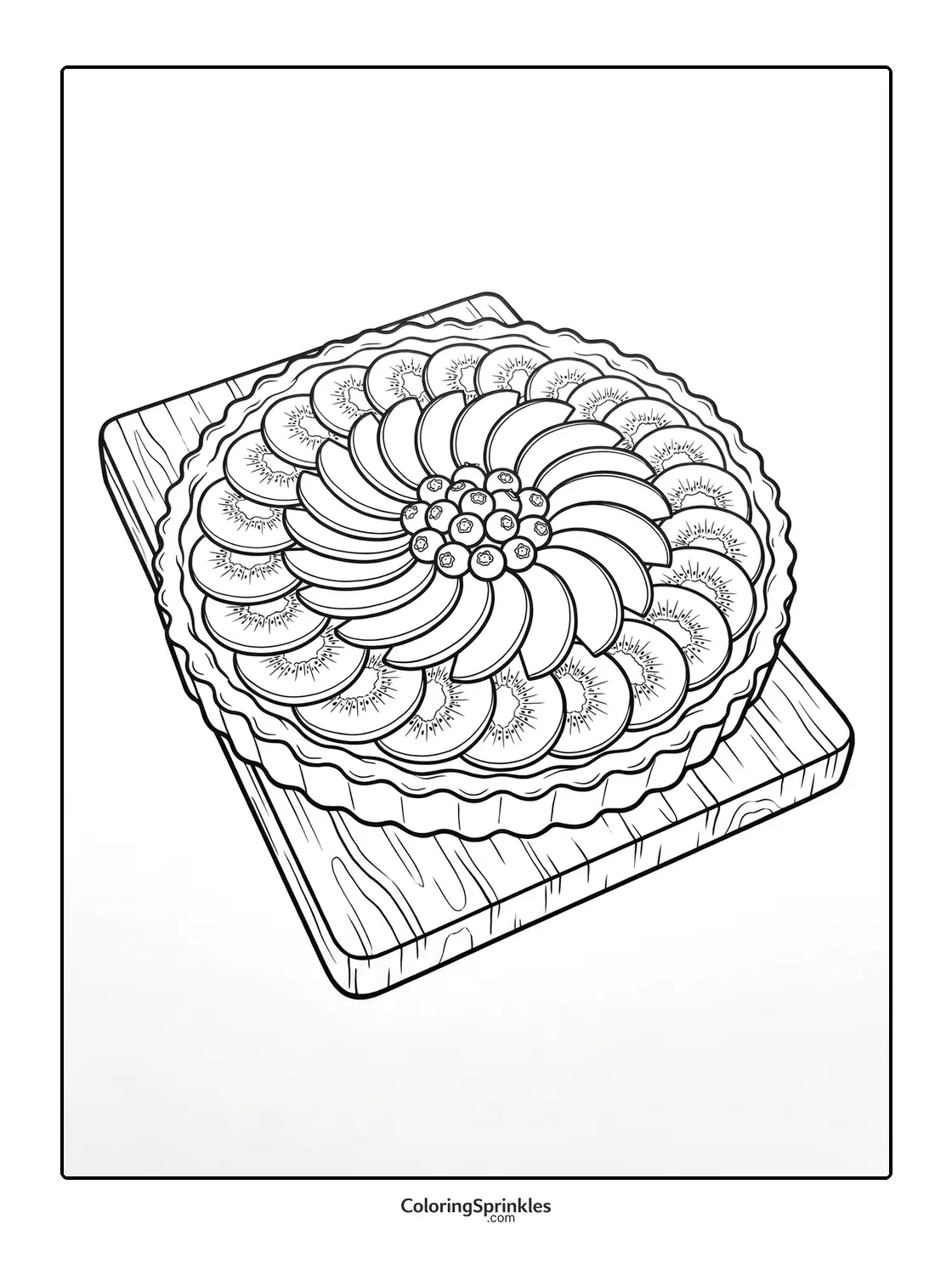 Coloring page of a fruit tart with kiwi and blueberries on a cutting board