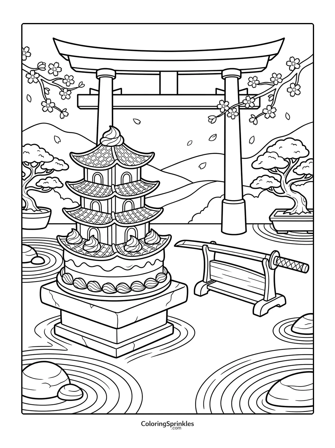 Coloring page of a Japanese garden with a pagoda cake and a sword