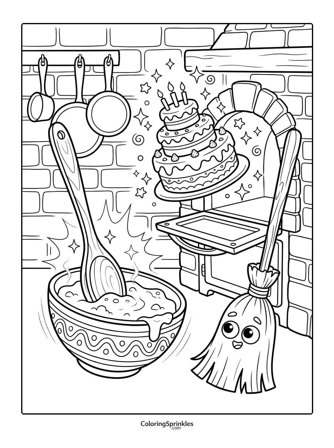 Coloring page of a magic cake baking scene with animated kitchen tools