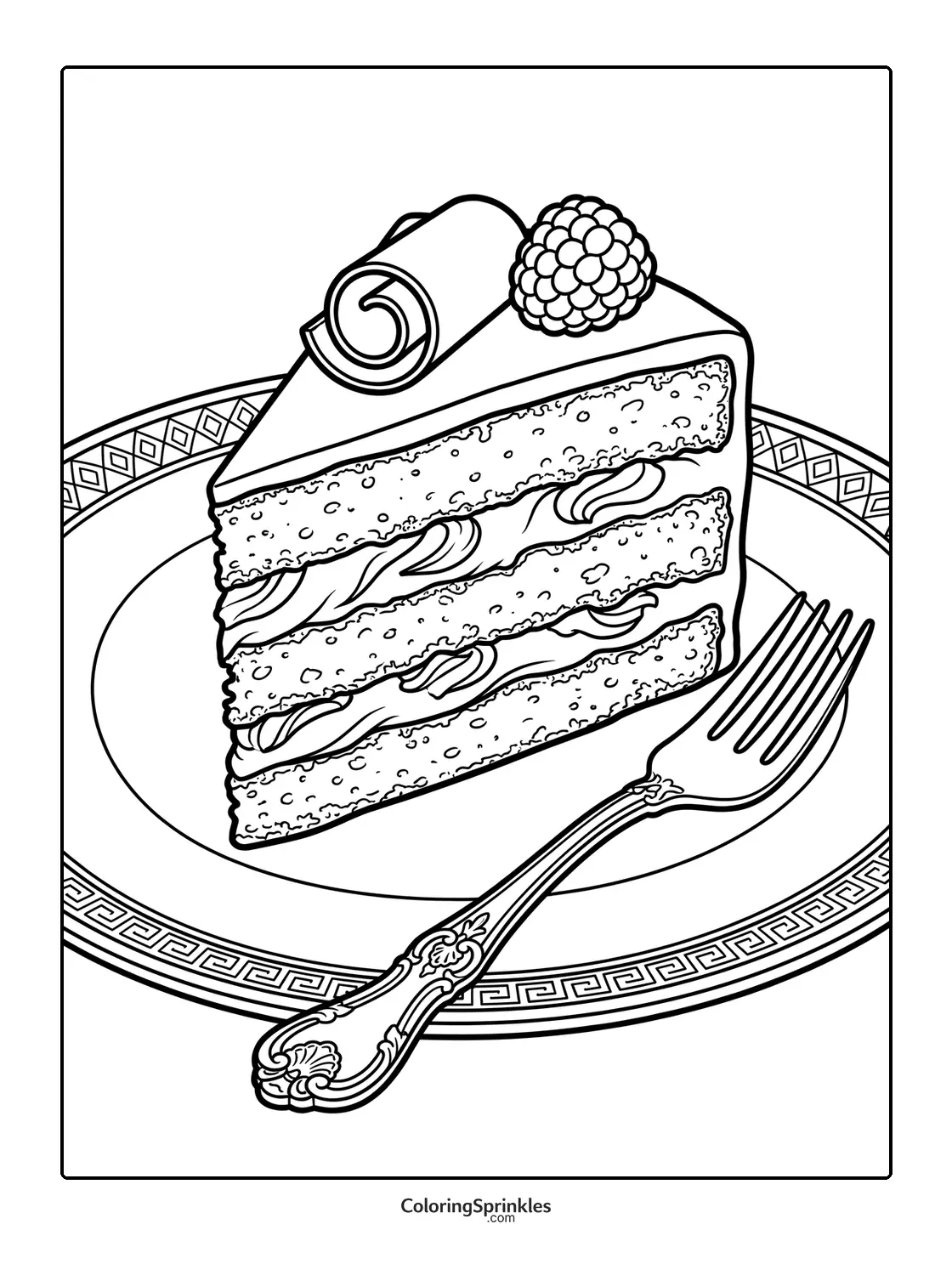 Coloring page of a slice of layered cake on a decorative plate with a fork