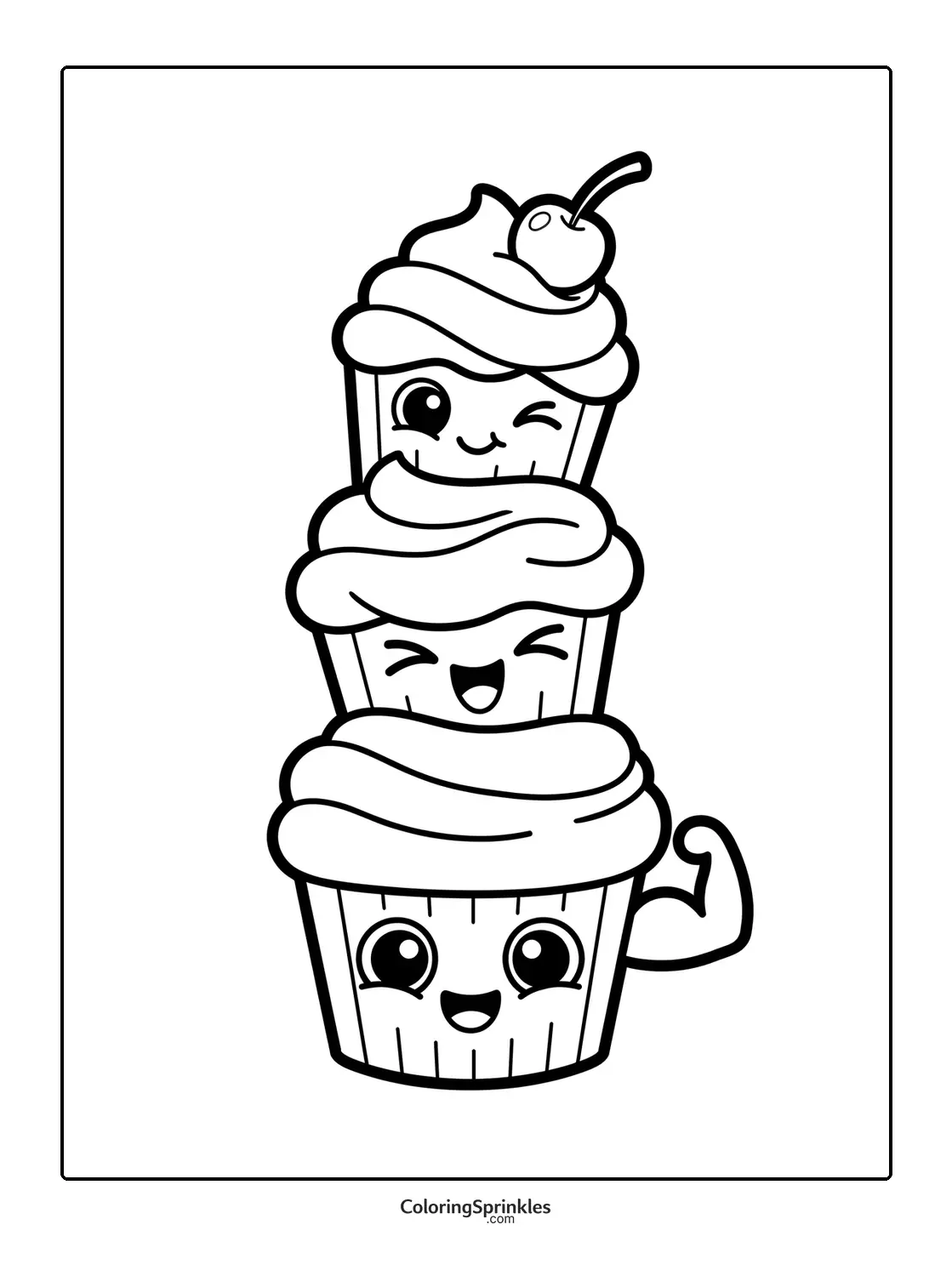 Coloring page of stacked cupcakes with smiling faces and a flexing arm