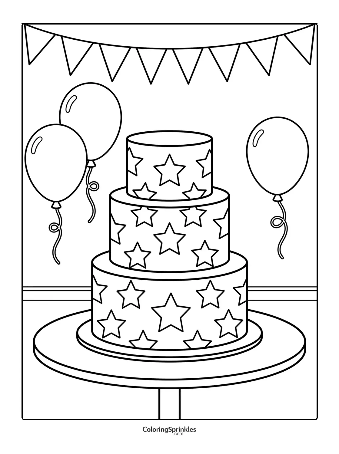 Coloring page of a three-tier cake decorated with stars and balloons at a party