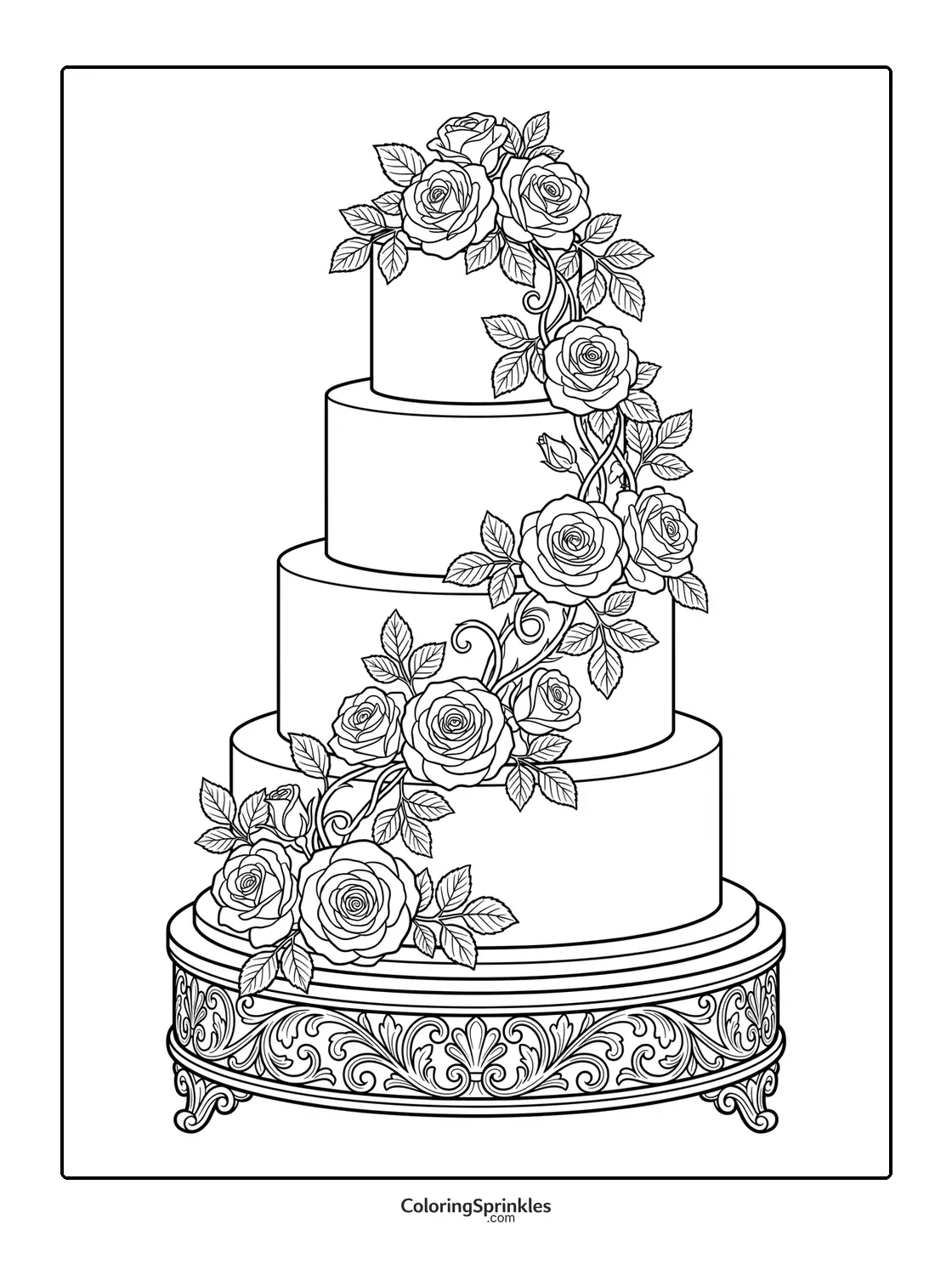 Coloring page of a tiered wedding cake decorated with roses on an ornate stand
