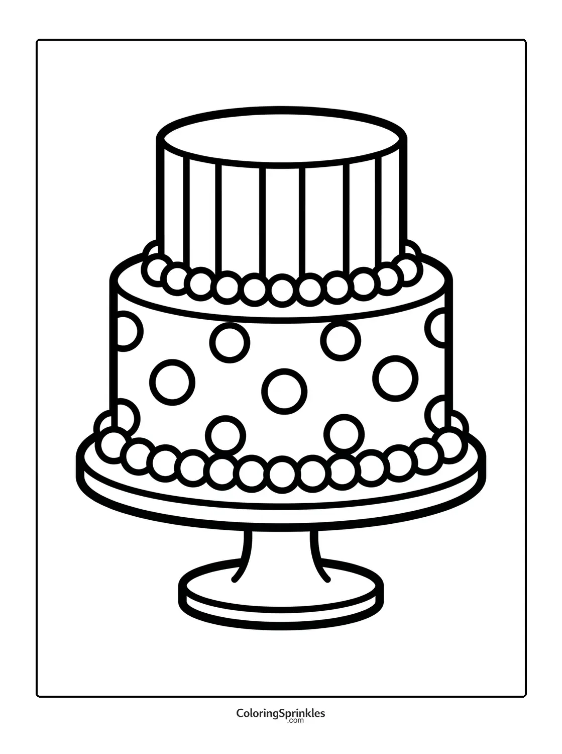 Coloring page of a two-tier cake with polka dots on a cake stand