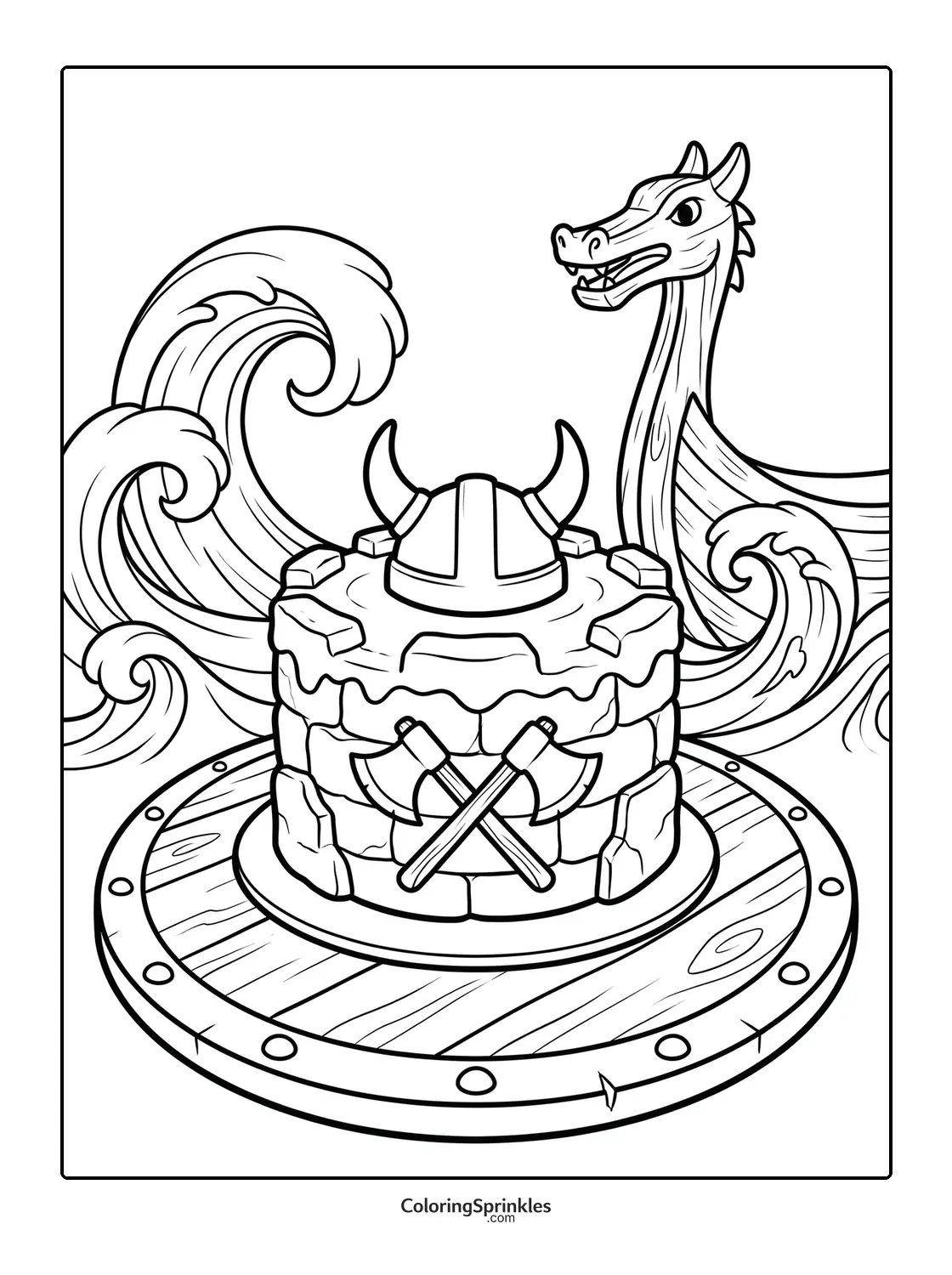 Coloring page of a Viking-themed cake with helmet and axes near a Viking ship and waves