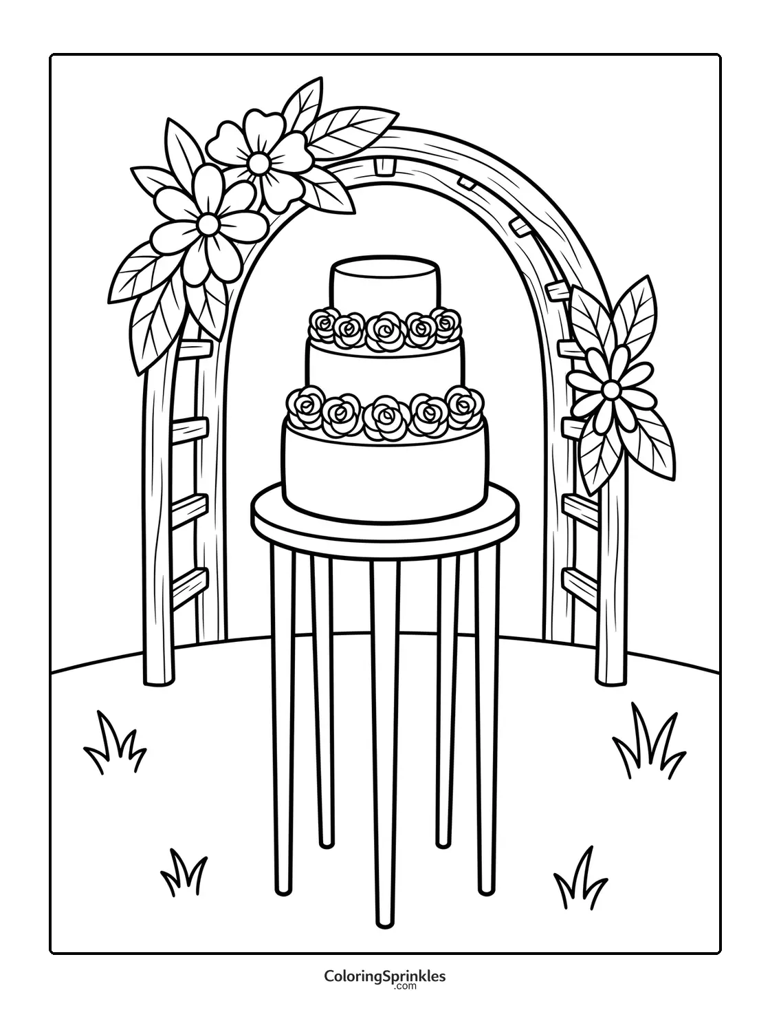 Coloring page of a wedding cake on a stand under a floral arch