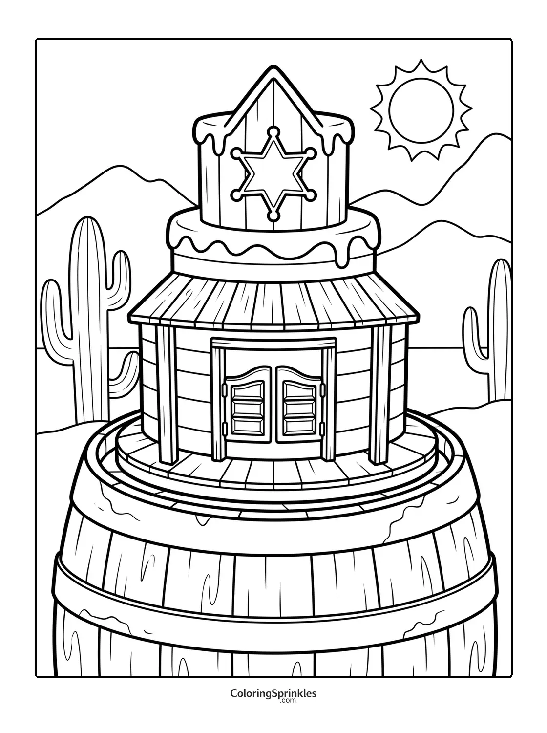 Coloring page of a wild west saloon cake with cactus and barrel