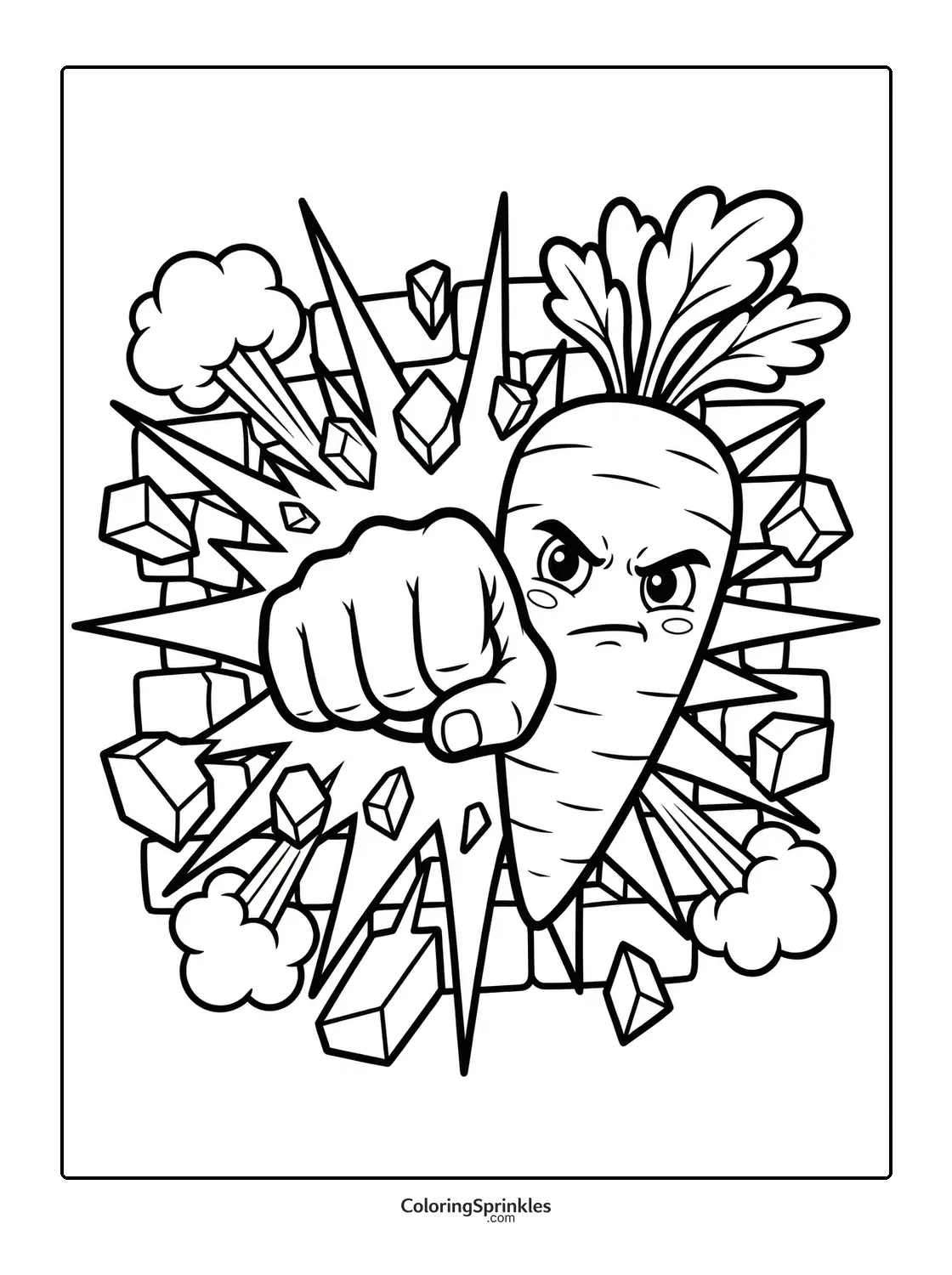 Coloring page of an angry carrot punching through an explosion