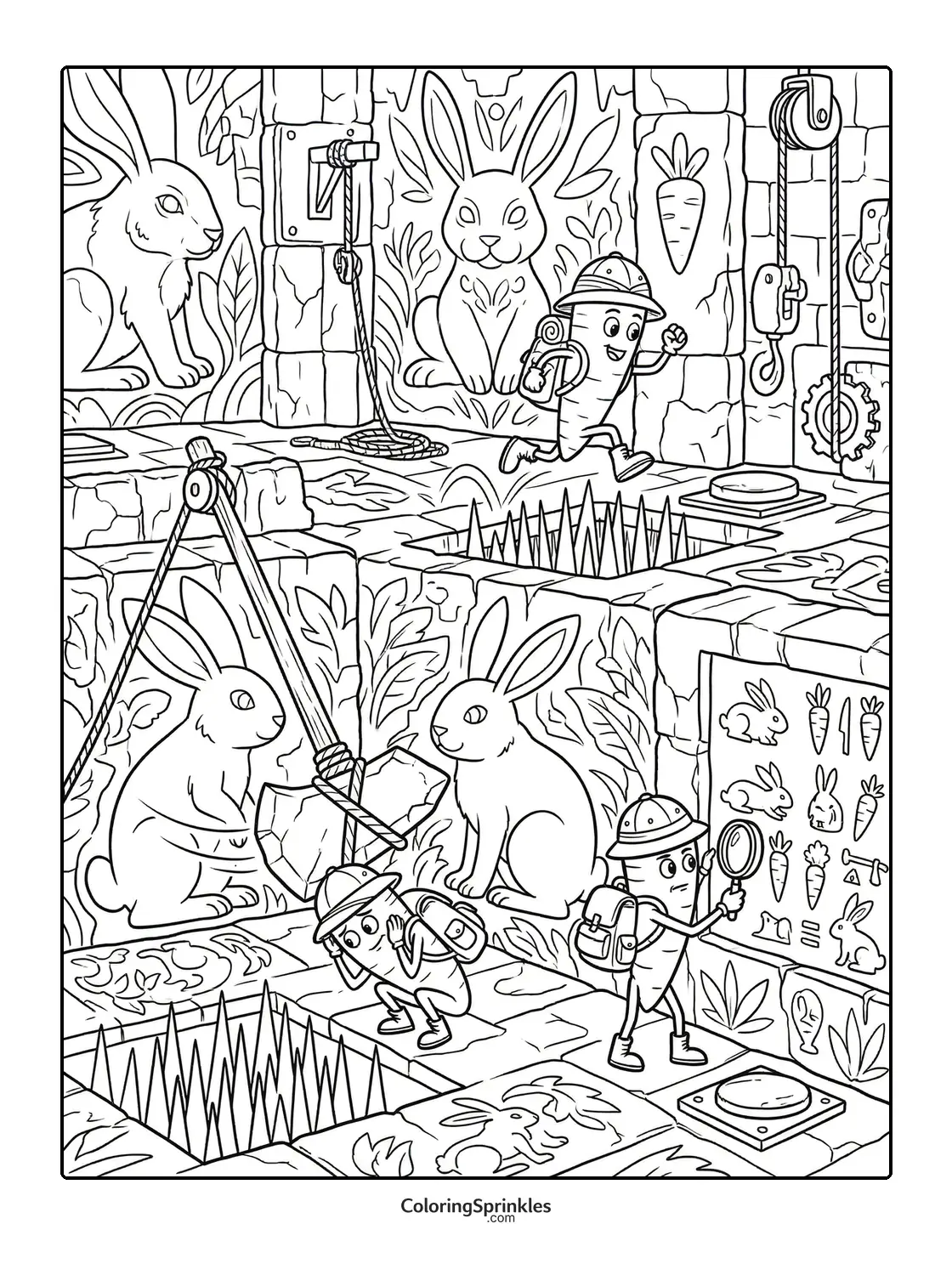Coloring page of carrot adventurers exploring a rabbit-themed temple with puzzles and traps