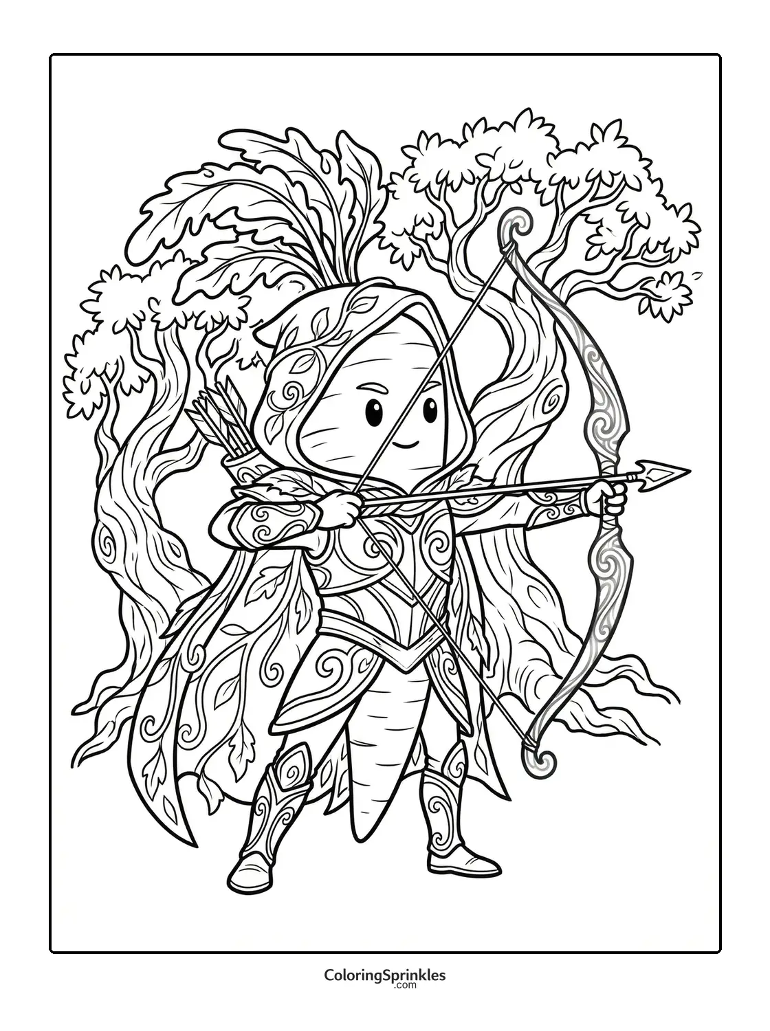 Coloring page of a carrot archer in armor aiming a bow in a forest