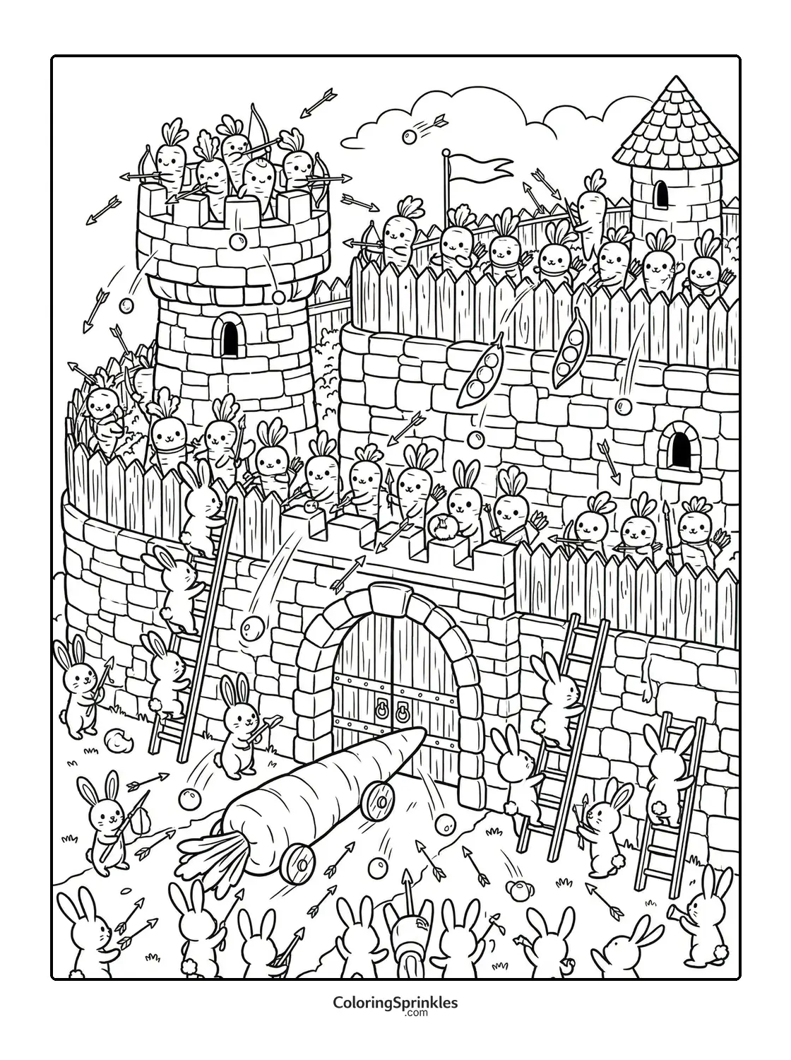 Coloring page of carrot archers and bunnies in a castle siege