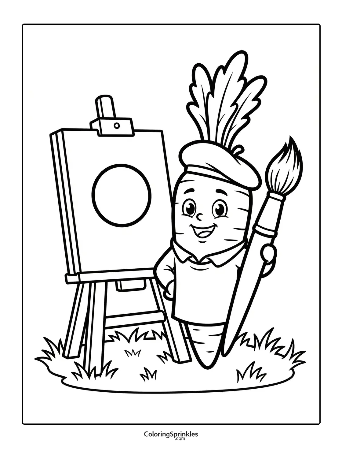 Coloring page of a carrot artist holding a paintbrush next to an easel outdoors