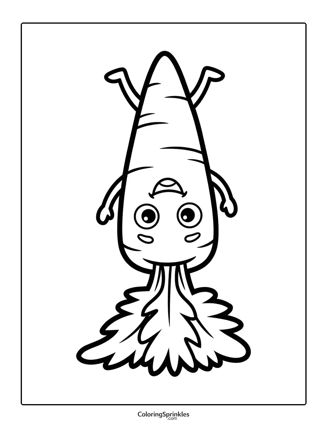 Coloring page of a funny carrot character upside down
