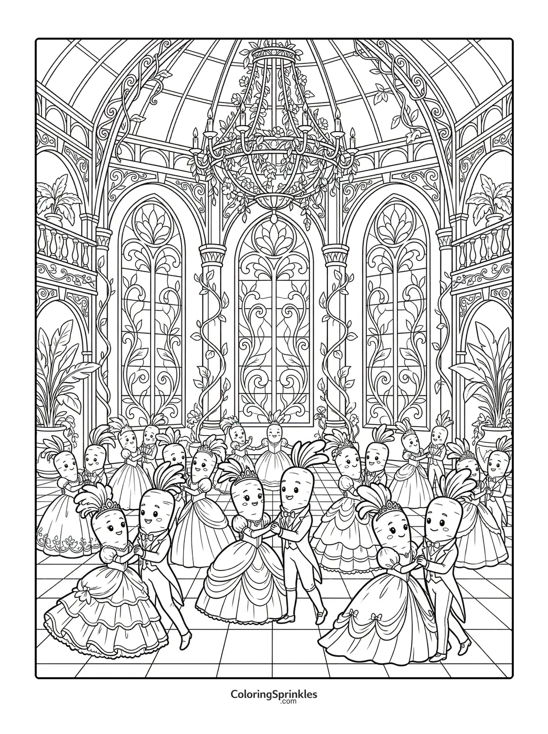 Coloring page of carrot characters dancing elegantly in a ballroom