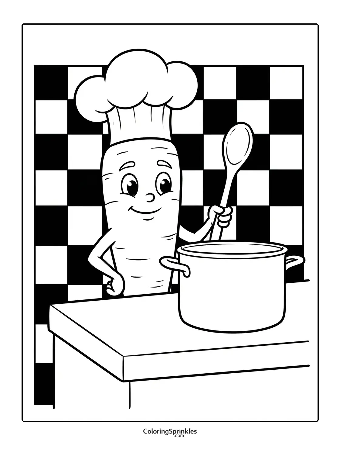Coloring page of a carrot chef cooking with a pot in a kitchen