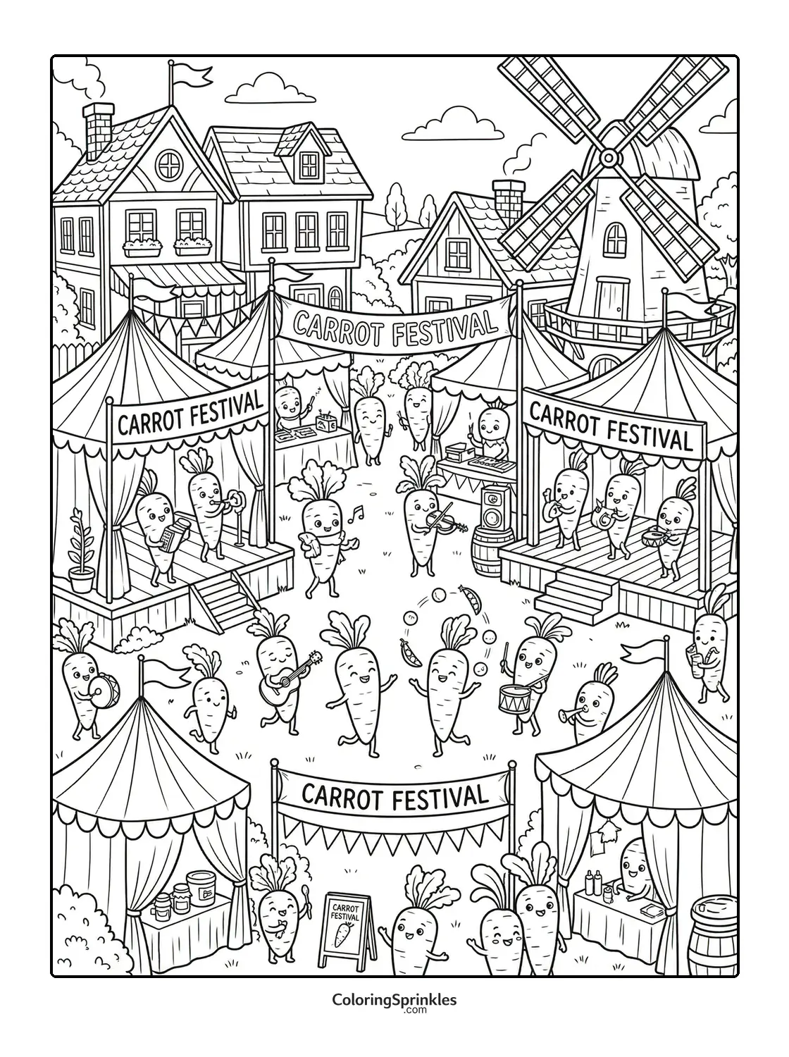 Coloring page of a carrot festival with tents, music, and dancing carrots