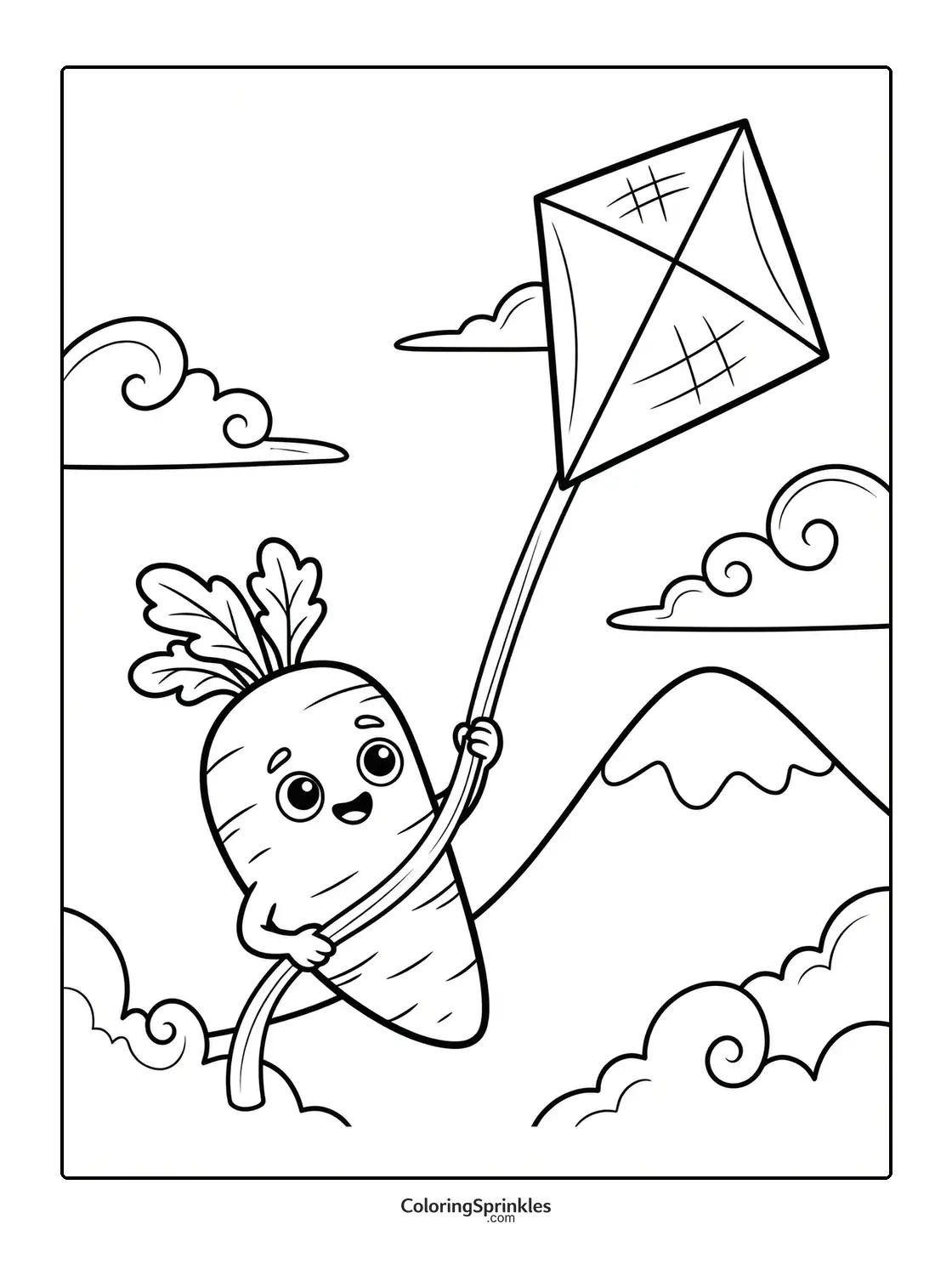Coloring page of a carrot flying a kite near mountains and clouds