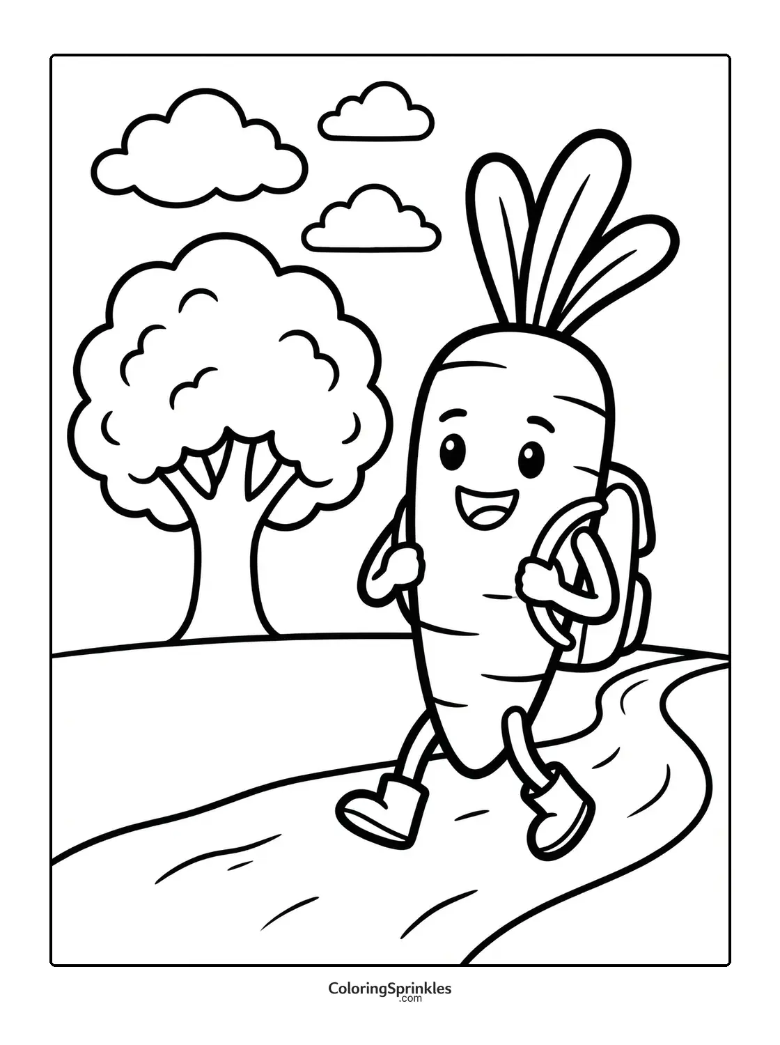 Coloring page of a carrot character hiking with a backpack on a path