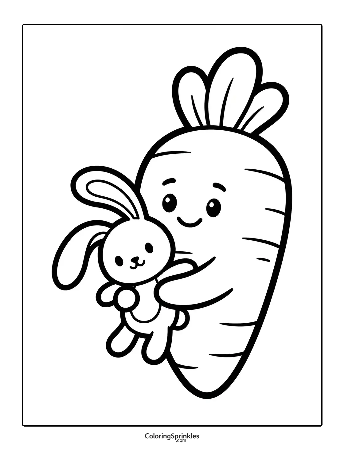 Coloring page of a carrot holding a bunny toy