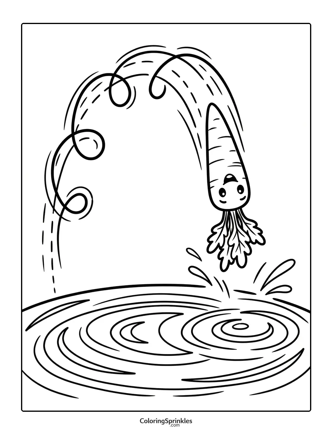 Coloring page of a happy carrot jumping into water with a splash