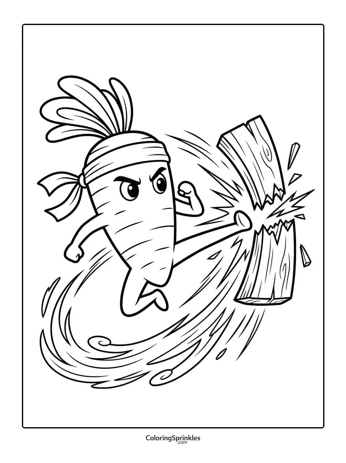Coloring page of a karate carrot kicking a wooden board