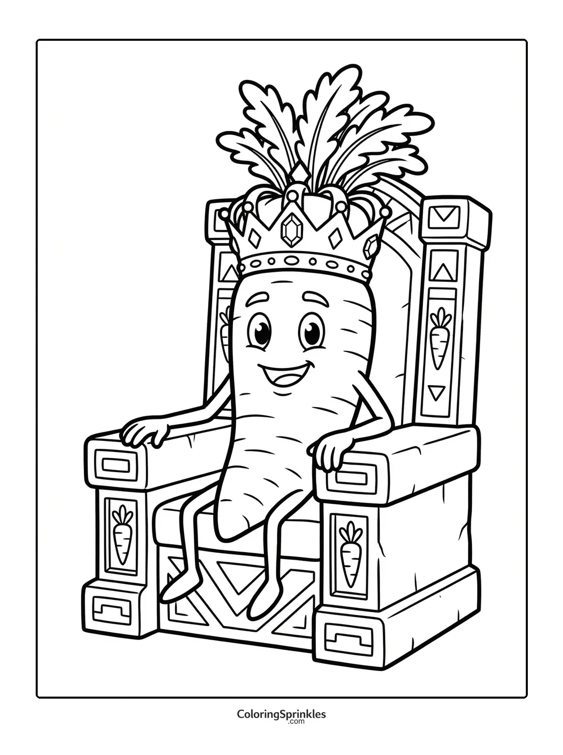 Coloring page of a carrot king sitting on a throne wearing a crown