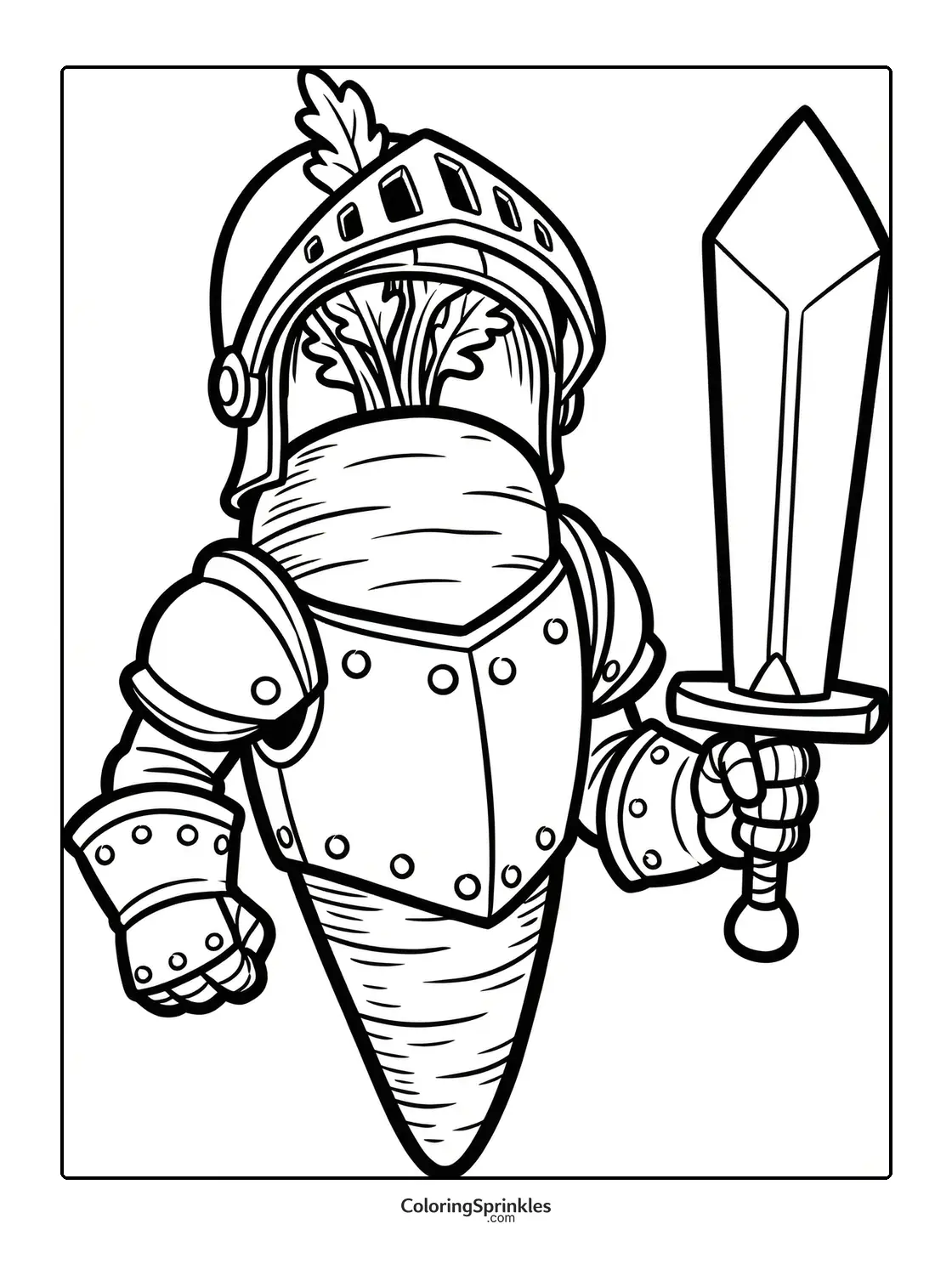 Coloring page of a carrot dressed as a knight in armor holding a sword