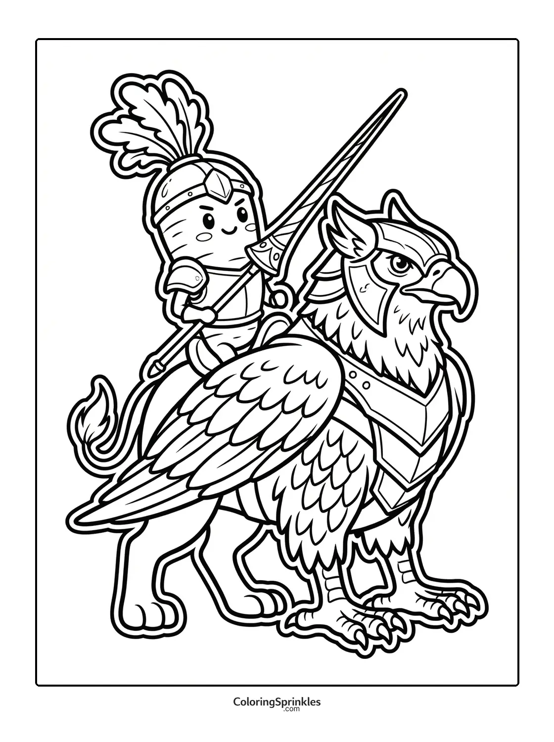Coloring page of a carrot knight riding an armored griffin