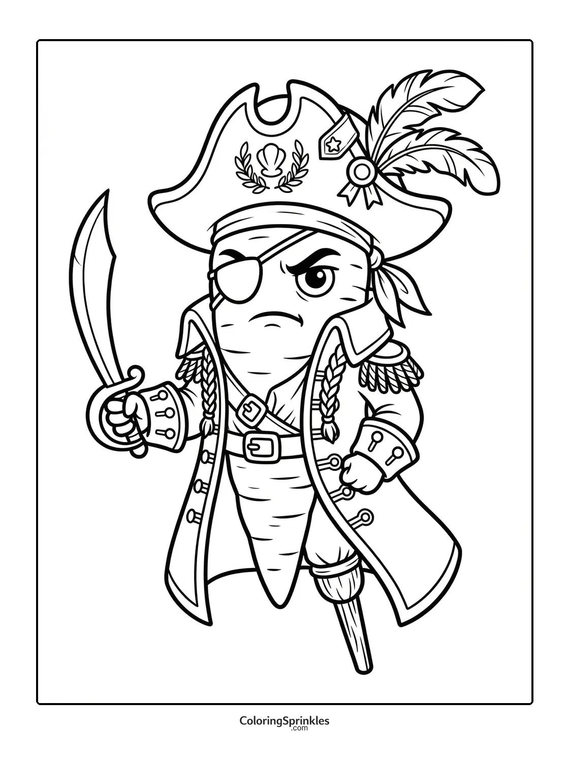 Coloring page of a carrot dressed as a pirate with a sword and eye patch