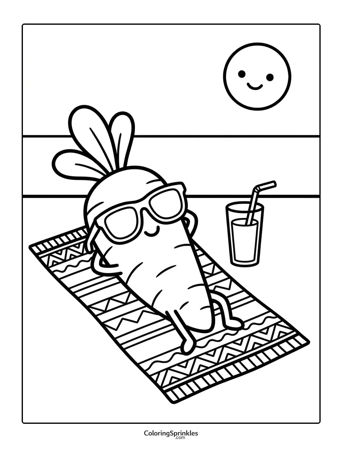 Coloring page of a carrot relaxing on a patterned towel with sunglasses and a drink under the sun