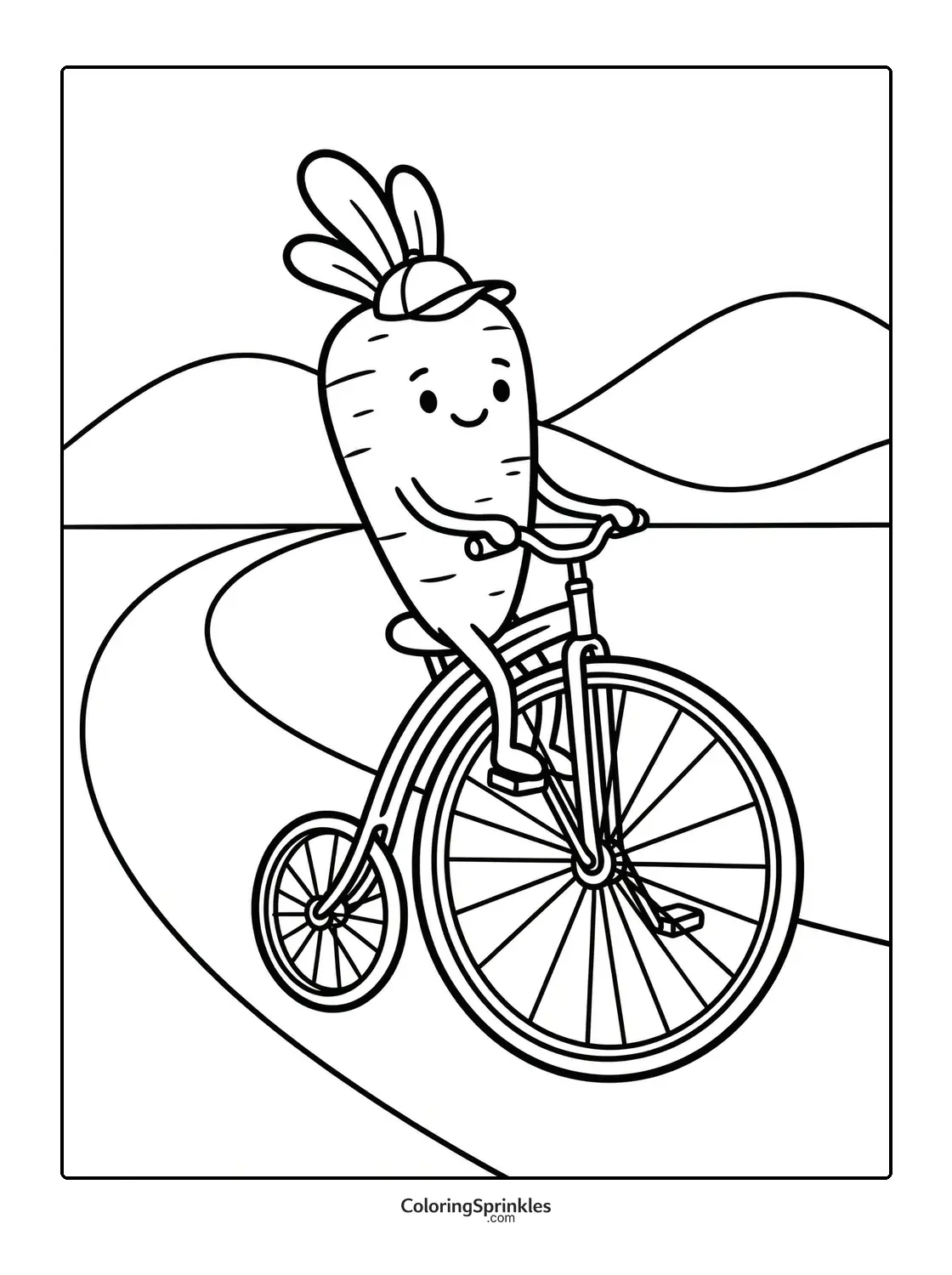 Coloring page of a carrot character riding a bicycle on a path with hills