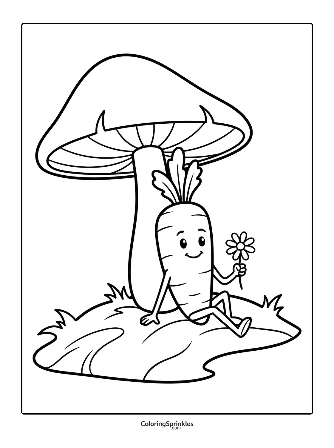 Coloring page of a carrot sitting under a mushroom holding a flower