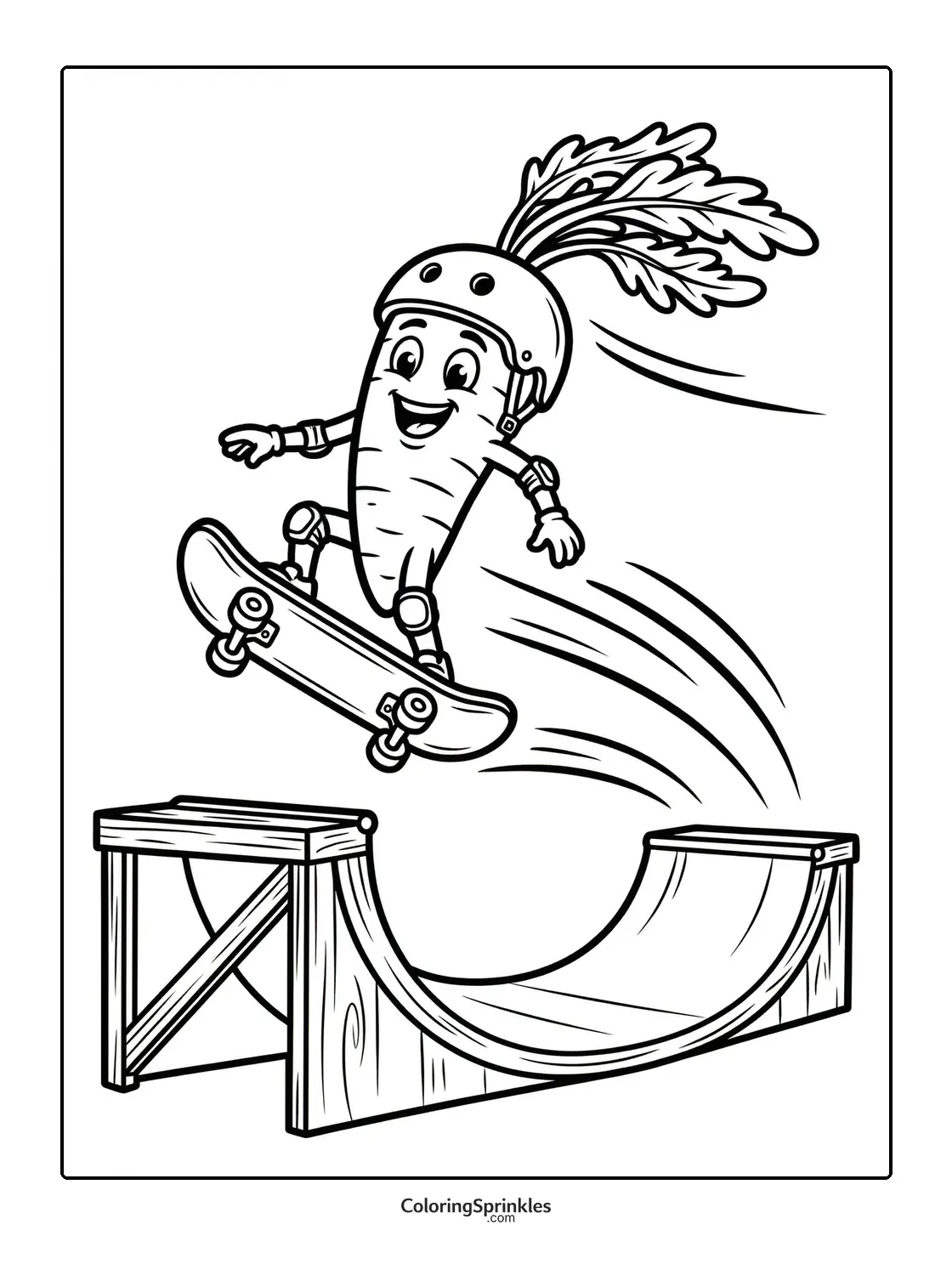 Coloring page of a carrot character skateboarding over a skate ramp wearing a helmet