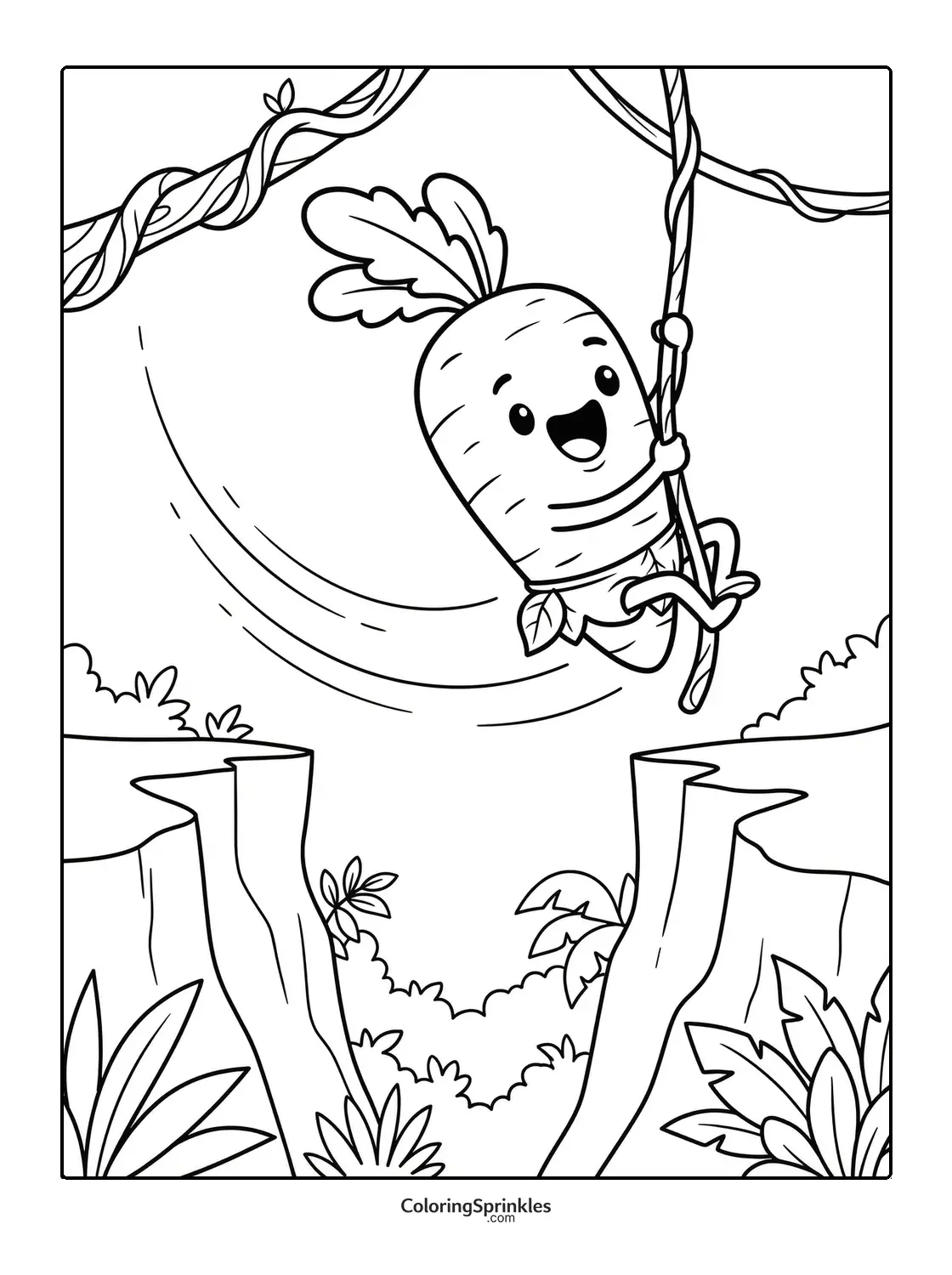 Coloring page of a carrot swinging on a vine over a cliff in a jungle