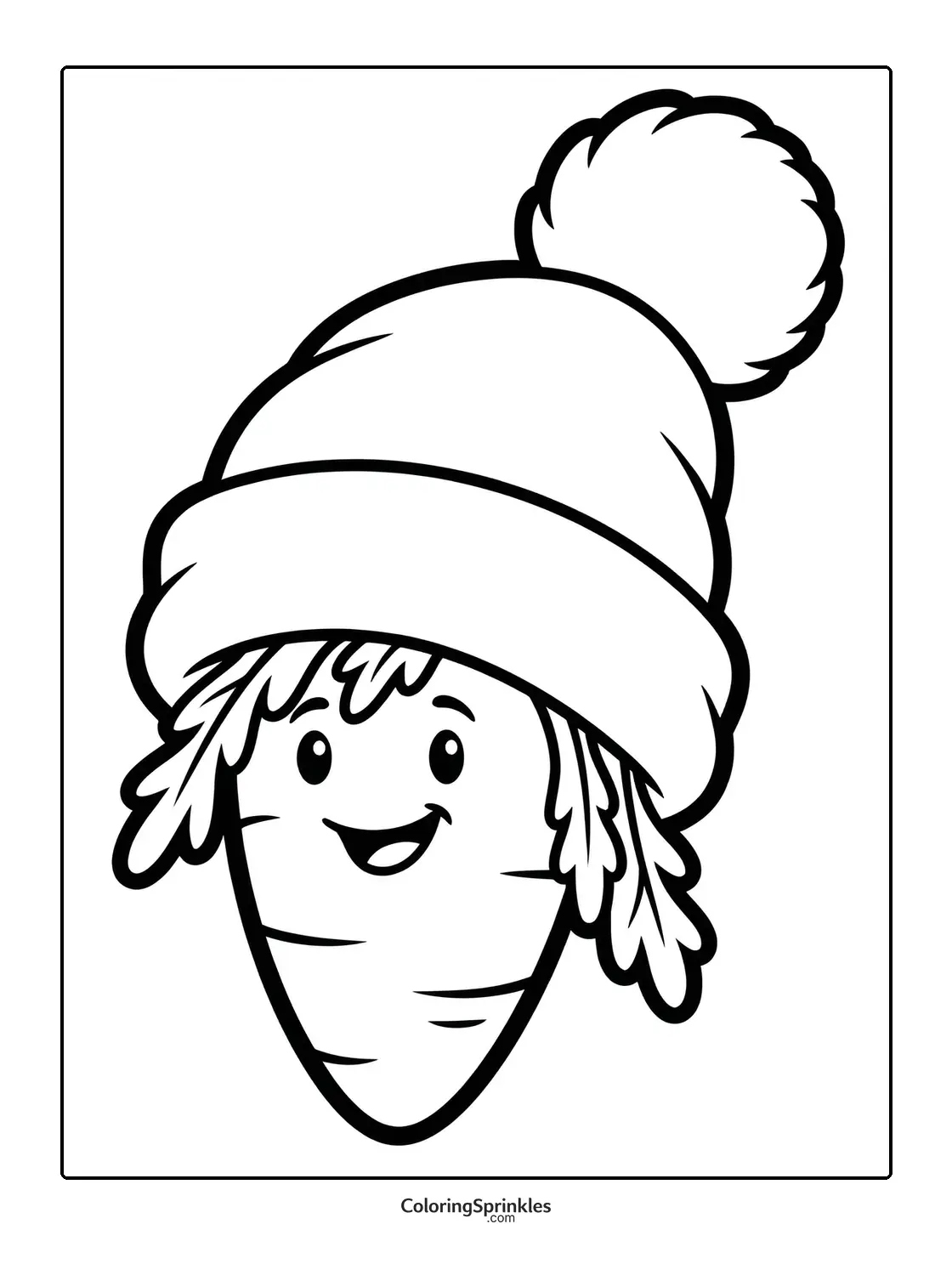 Coloring page of a smiling carrot wearing a winter hat