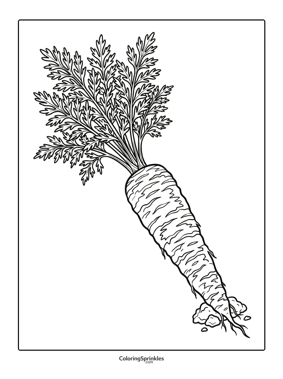 Coloring page of a carrot with leaves and root in soil