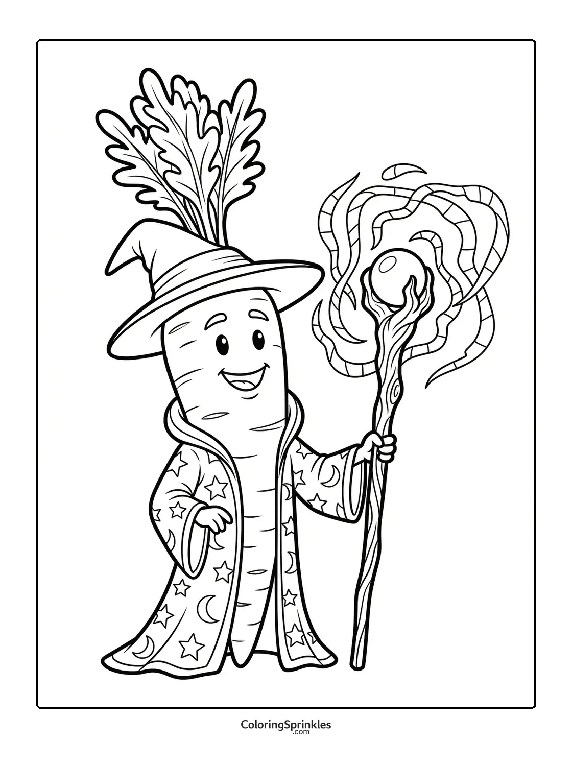 Coloring page of a carrot dressed as a wizard holding a magical staff
