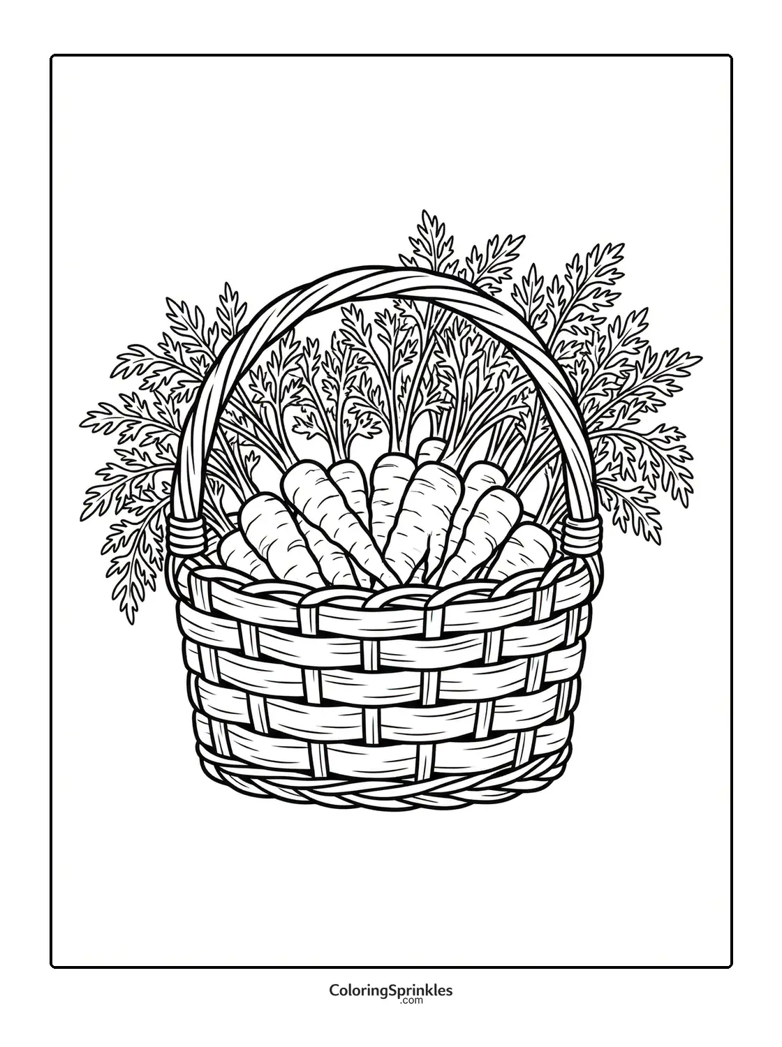 Coloring page of a basket filled with carrots with leafy tops