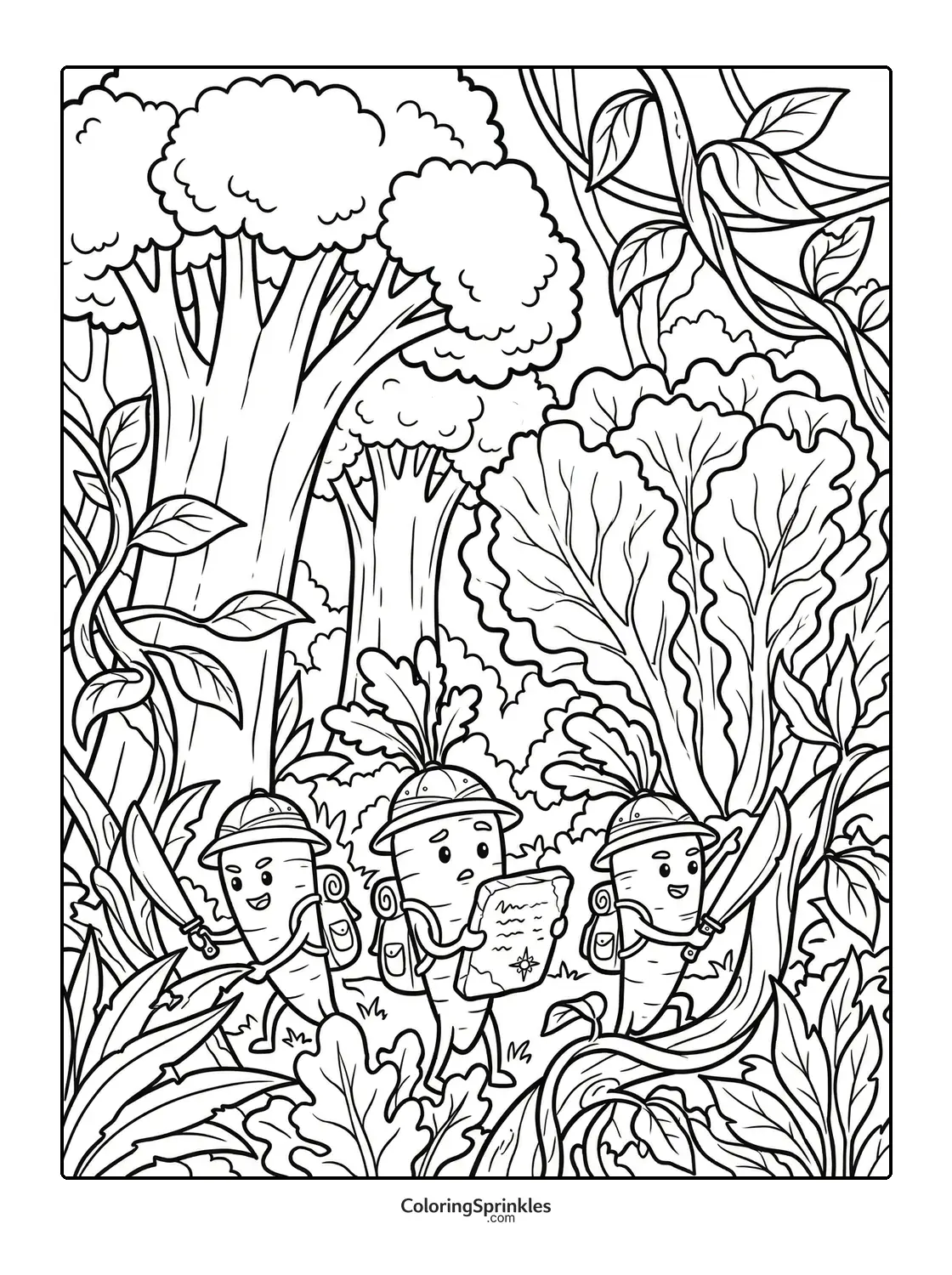 Coloring page of carrots dressed as explorers with swords and a map in a forest