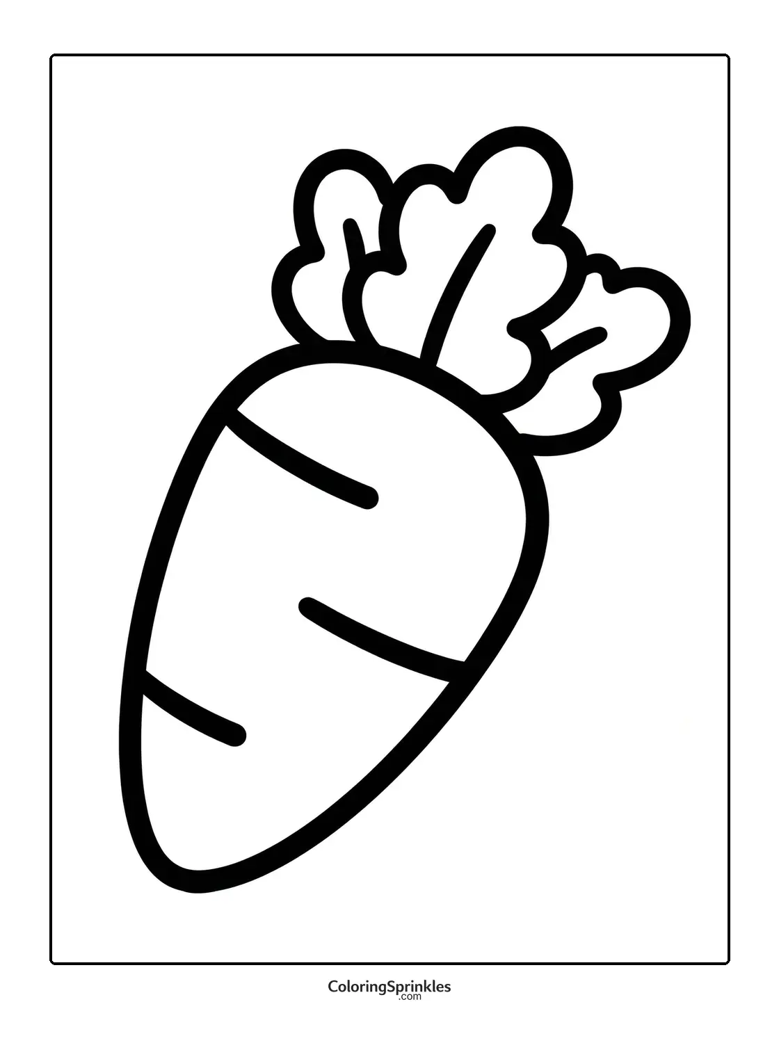 Coloring page of a simple carrot outline with leaves