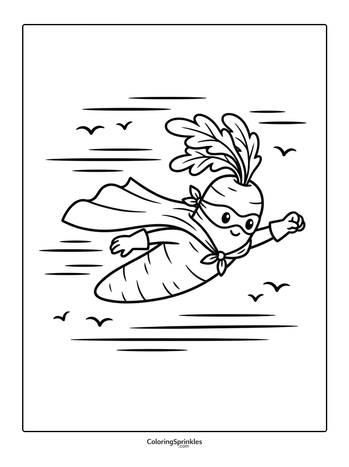 Coloring page of a superhero carrot flying with a cape and mask